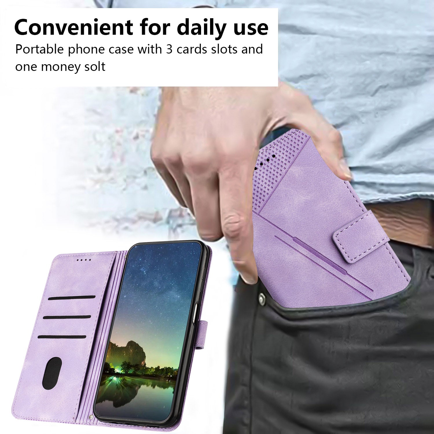 Wallet Cover for iPhone 15 , Imprinted Triangle Pattern PU Leather Stand Phone Case with Hand Strap - Purple