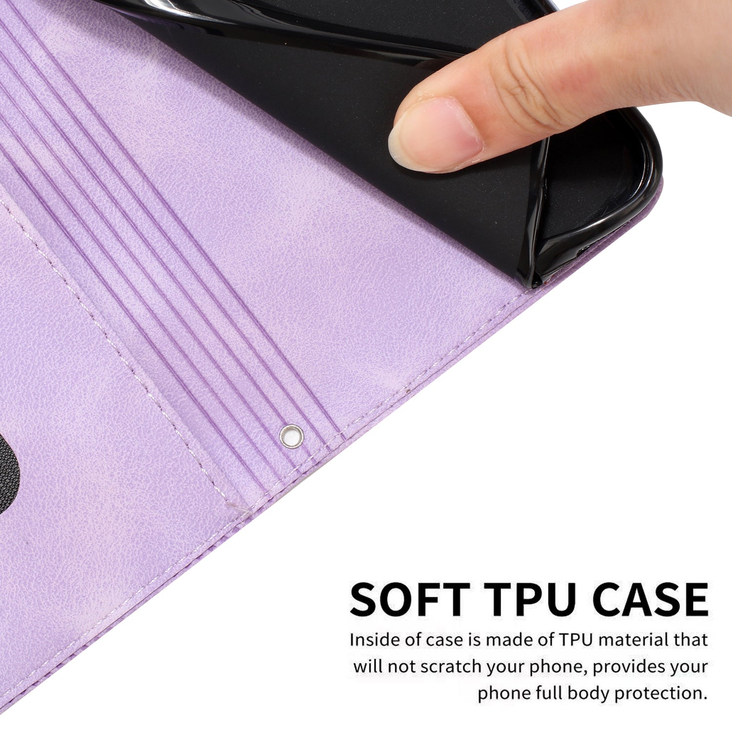 Wallet Cover for iPhone 15 , Imprinted Triangle Pattern PU Leather Stand Phone Case with Hand Strap - Purple