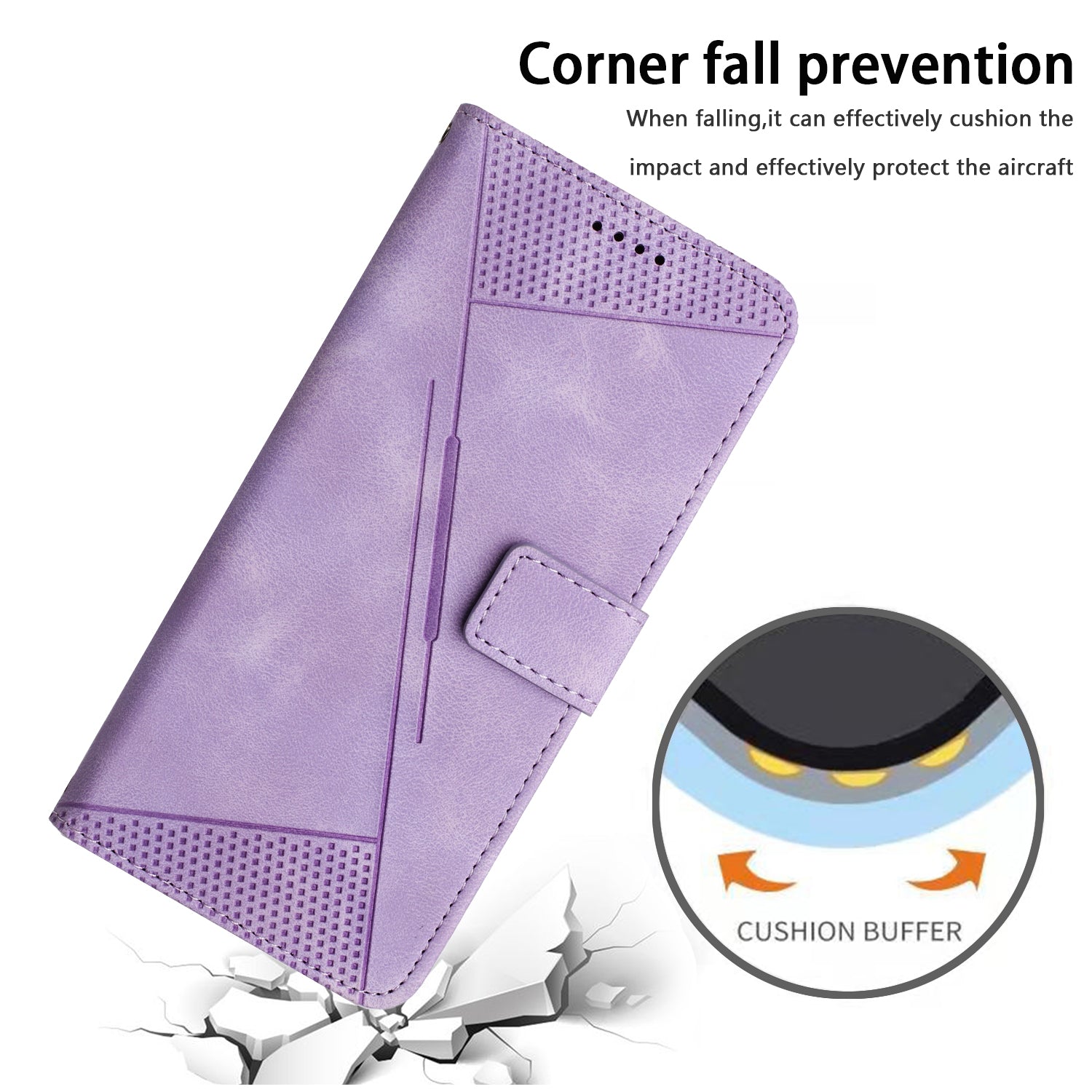 Wallet Cover for iPhone 15 , Imprinted Triangle Pattern PU Leather Stand Phone Case with Hand Strap - Purple