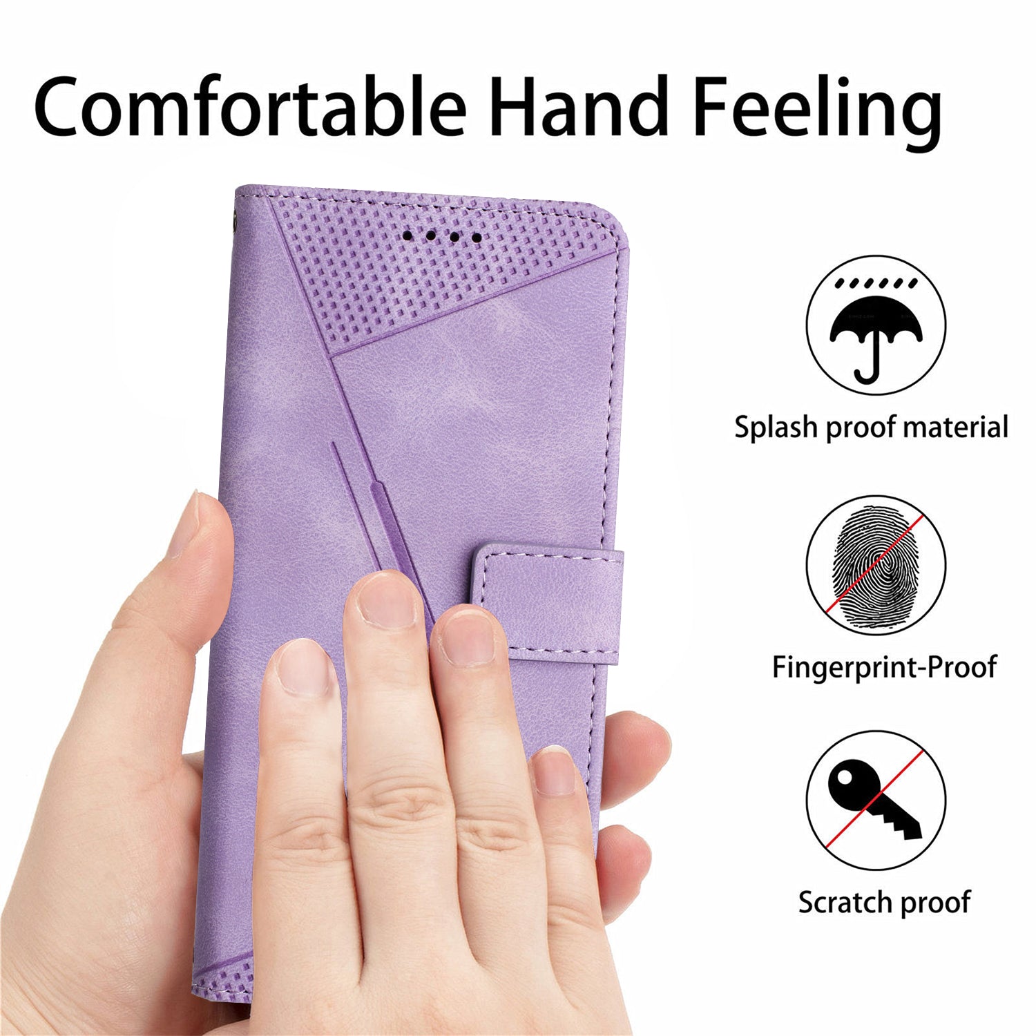 Wallet Cover for iPhone 15 , Imprinted Triangle Pattern PU Leather Stand Phone Case with Hand Strap - Purple