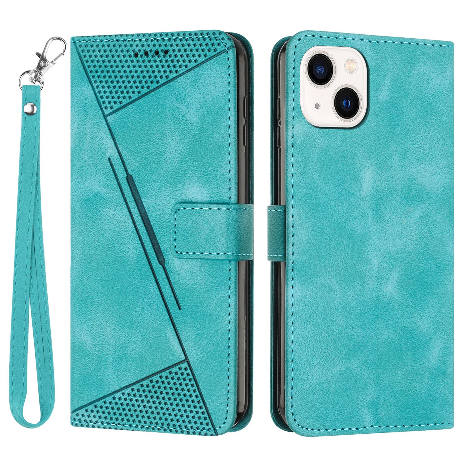 Wallet Cover for iPhone 15 , Imprinted Triangle Pattern PU Leather Stand Phone Case with Hand Strap - Green