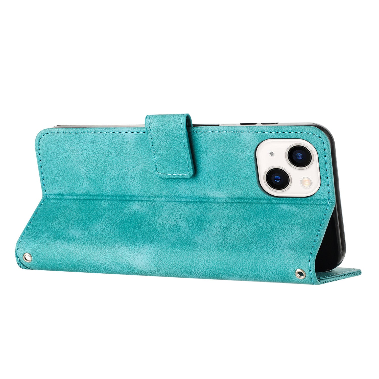 Wallet Cover for iPhone 15 , Imprinted Triangle Pattern PU Leather Stand Phone Case with Hand Strap - Green