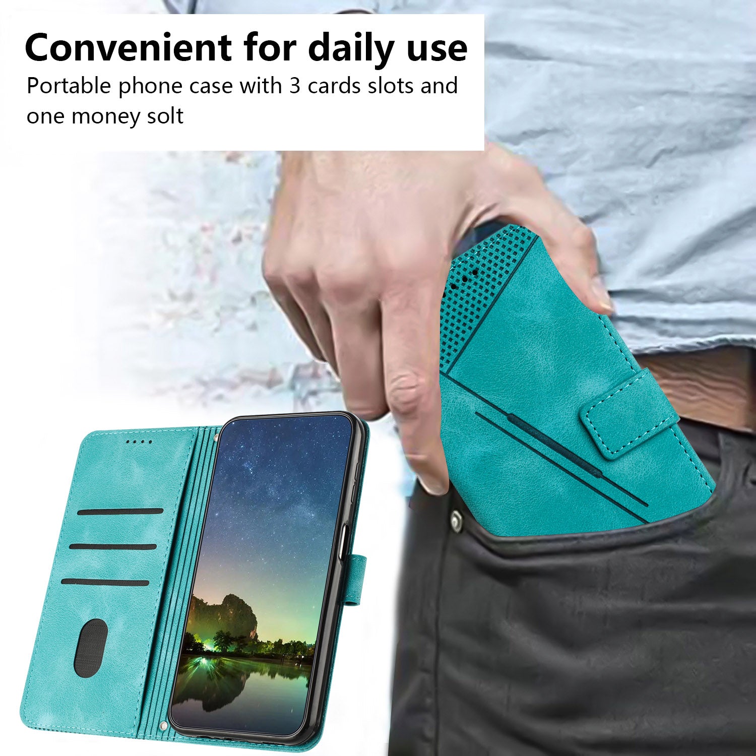 Wallet Cover for iPhone 15 , Imprinted Triangle Pattern PU Leather Stand Phone Case with Hand Strap - Green