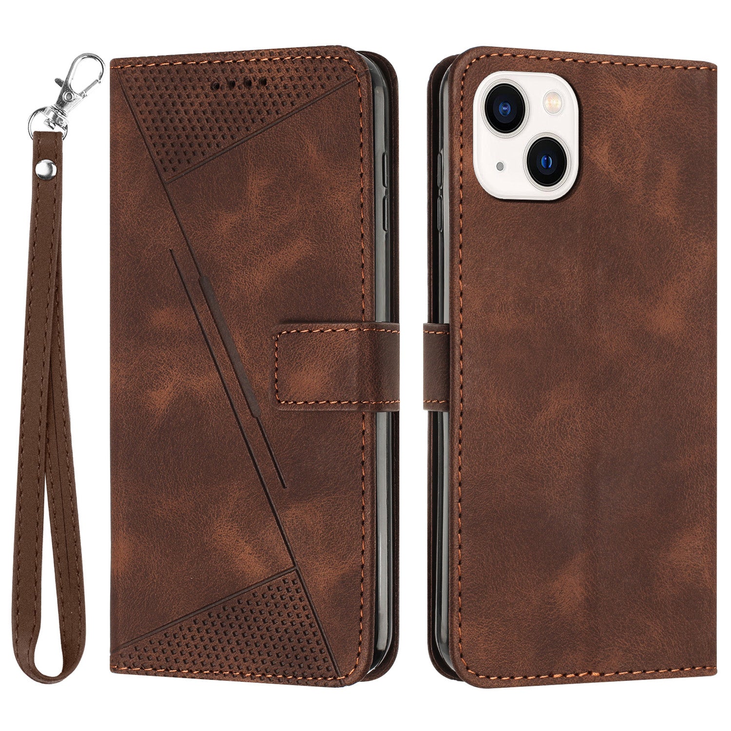 Wallet Cover for iPhone 15 , Imprinted Triangle Pattern PU Leather Stand Phone Case with Hand Strap - Brown