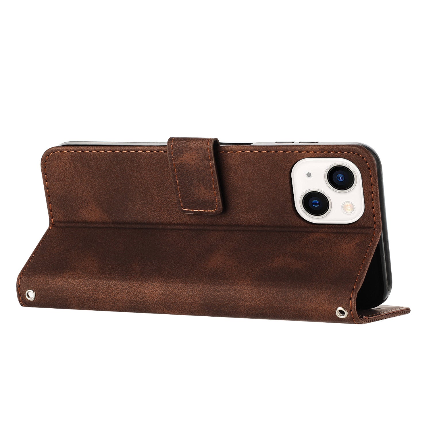 Wallet Cover for iPhone 15 , Imprinted Triangle Pattern PU Leather Stand Phone Case with Hand Strap - Brown