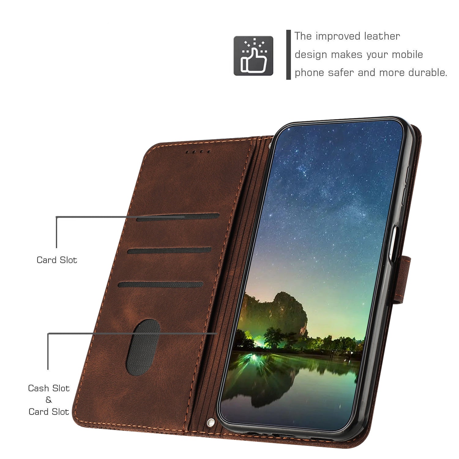 Wallet Cover for iPhone 15 , Imprinted Triangle Pattern PU Leather Stand Phone Case with Hand Strap - Brown