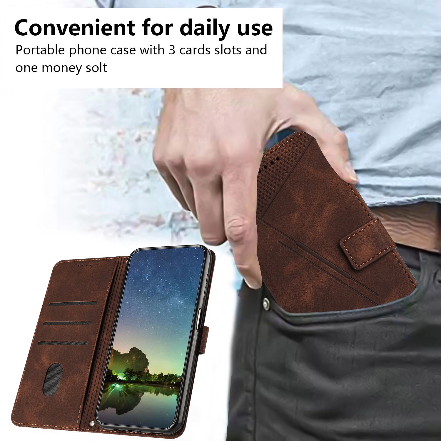 Wallet Cover for iPhone 15 , Imprinted Triangle Pattern PU Leather Stand Phone Case with Hand Strap - Brown