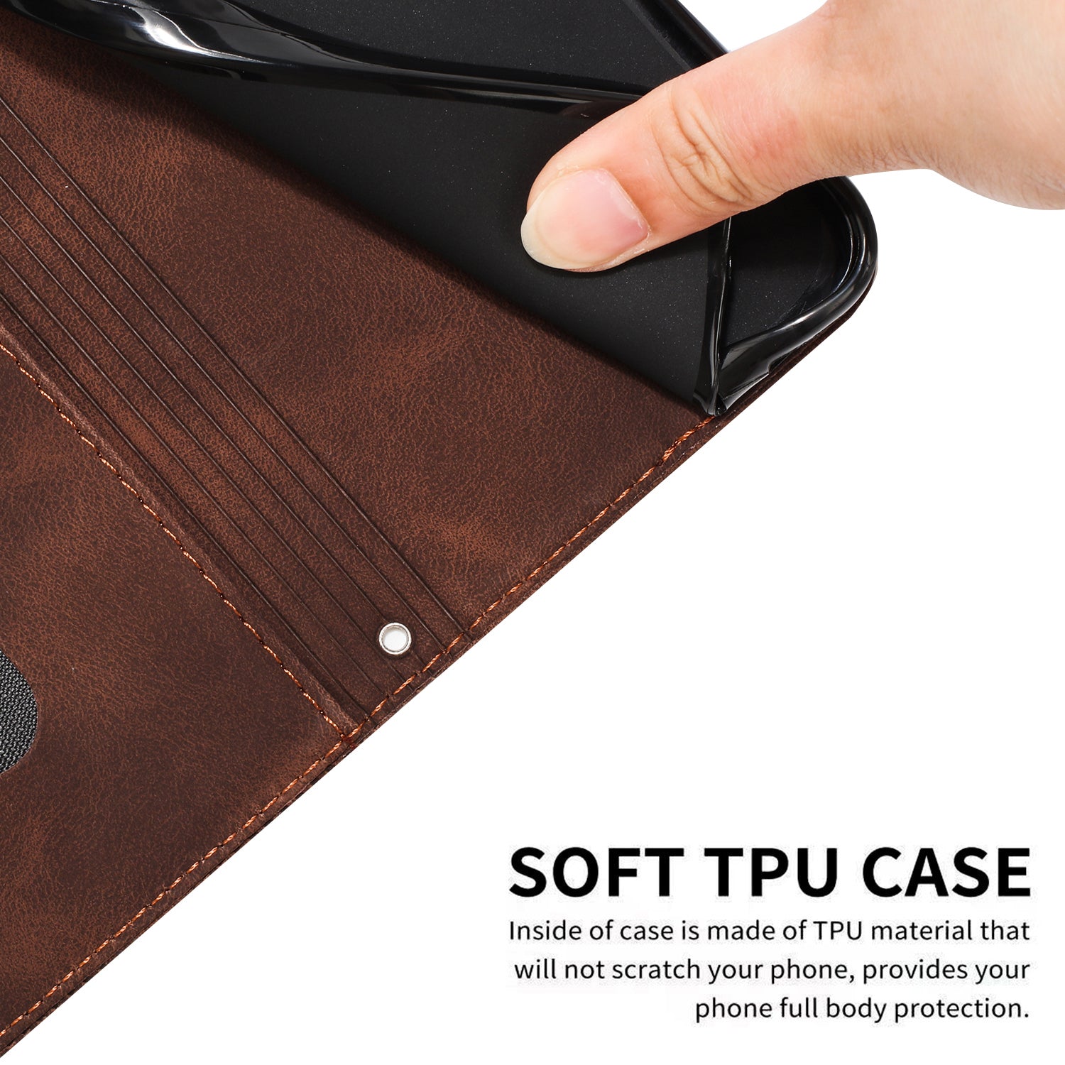 Wallet Cover for iPhone 15 , Imprinted Triangle Pattern PU Leather Stand Phone Case with Hand Strap - Brown