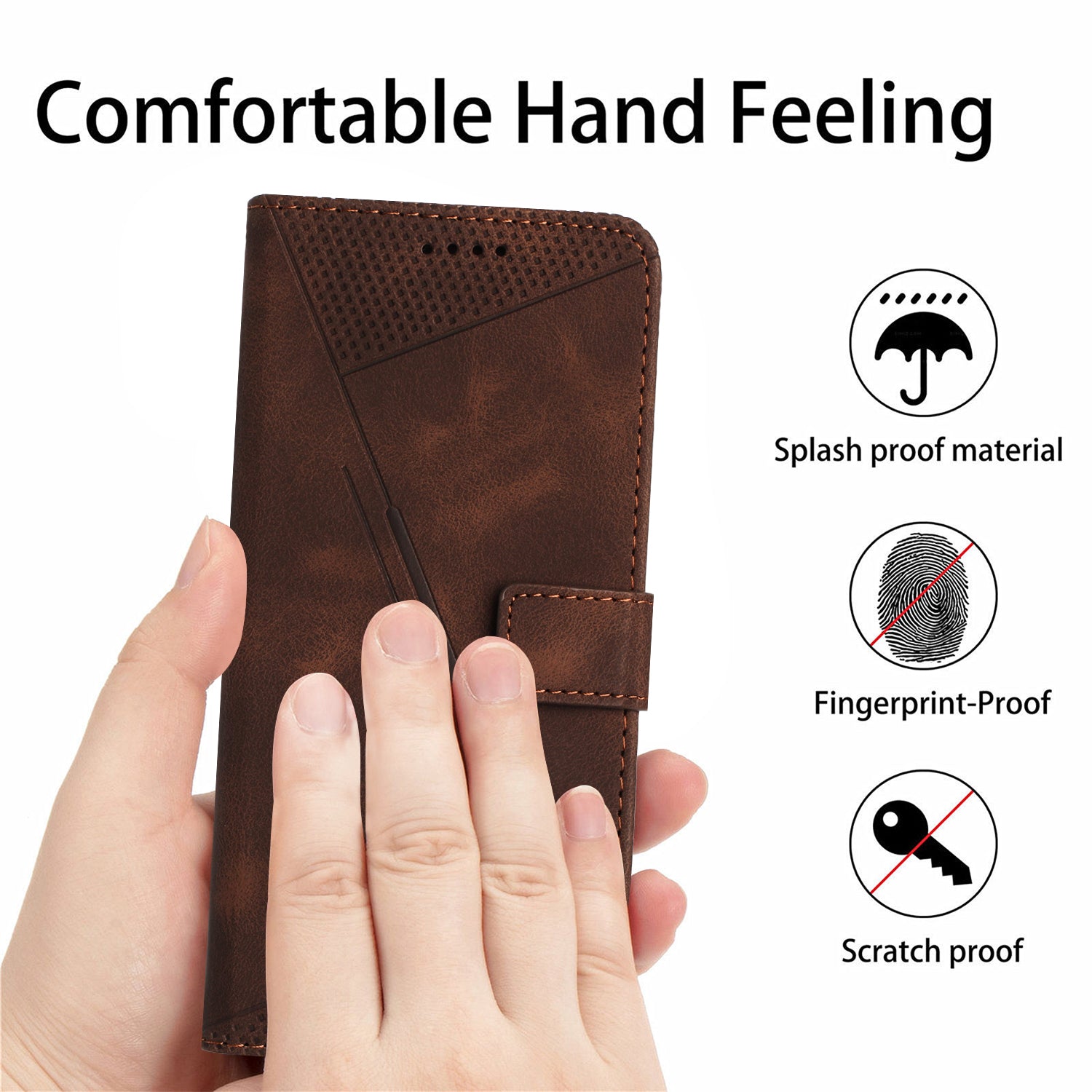 Wallet Cover for iPhone 15 , Imprinted Triangle Pattern PU Leather Stand Phone Case with Hand Strap - Brown