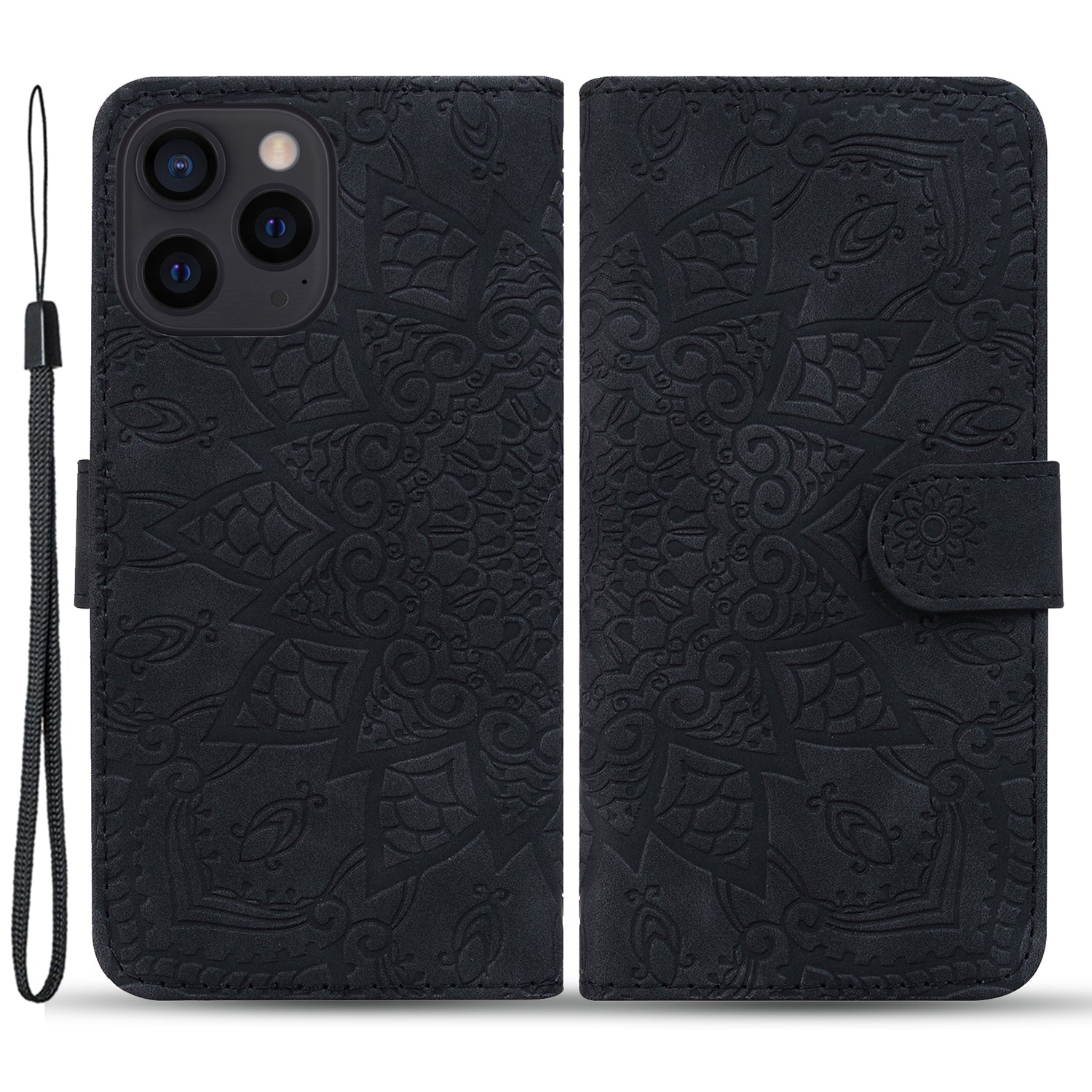 Wallet PU Leather Case For iPhone 15 , Imprinted Cell Phone Cover Calf Texture Stand Shell - Black