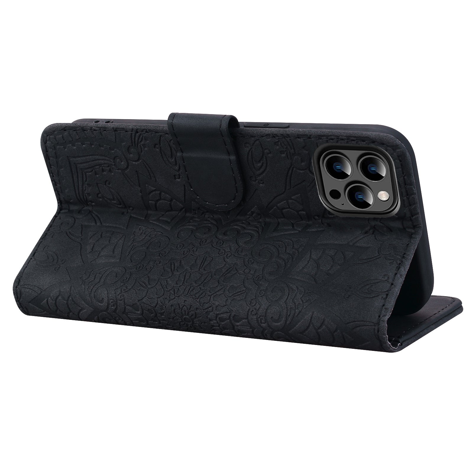 Wallet PU Leather Case For iPhone 15 , Imprinted Cell Phone Cover Calf Texture Stand Shell - Black