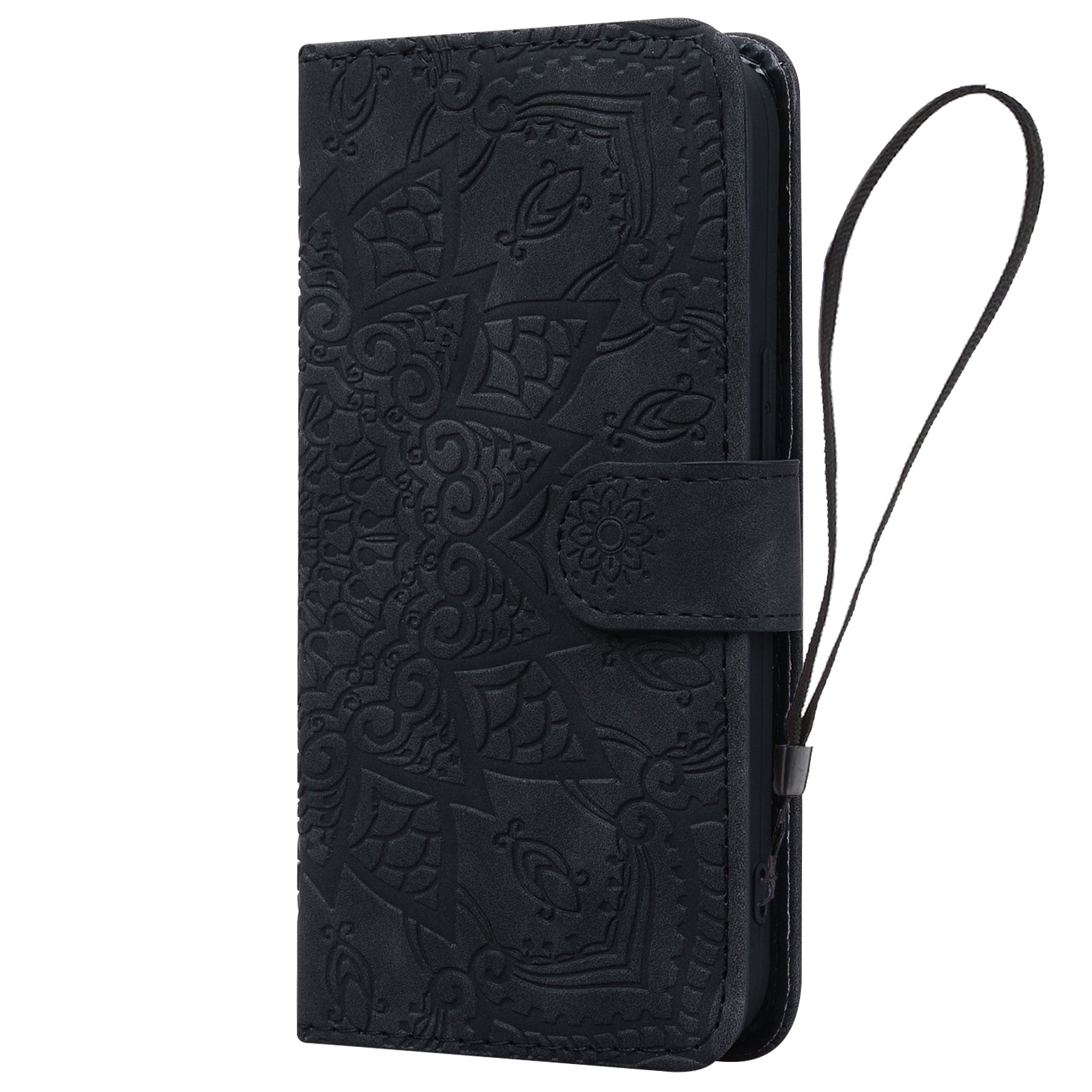 Wallet PU Leather Case For iPhone 15 , Imprinted Cell Phone Cover Calf Texture Stand Shell - Black