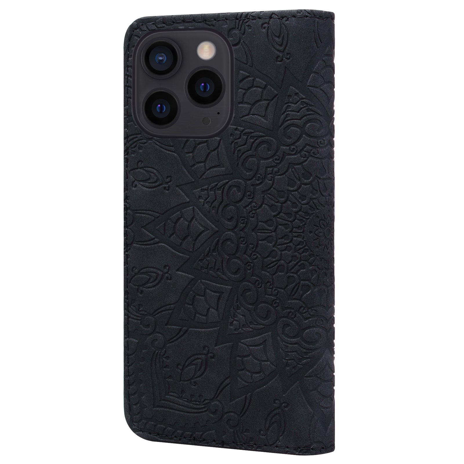 Wallet PU Leather Case For iPhone 15 , Imprinted Cell Phone Cover Calf Texture Stand Shell - Black