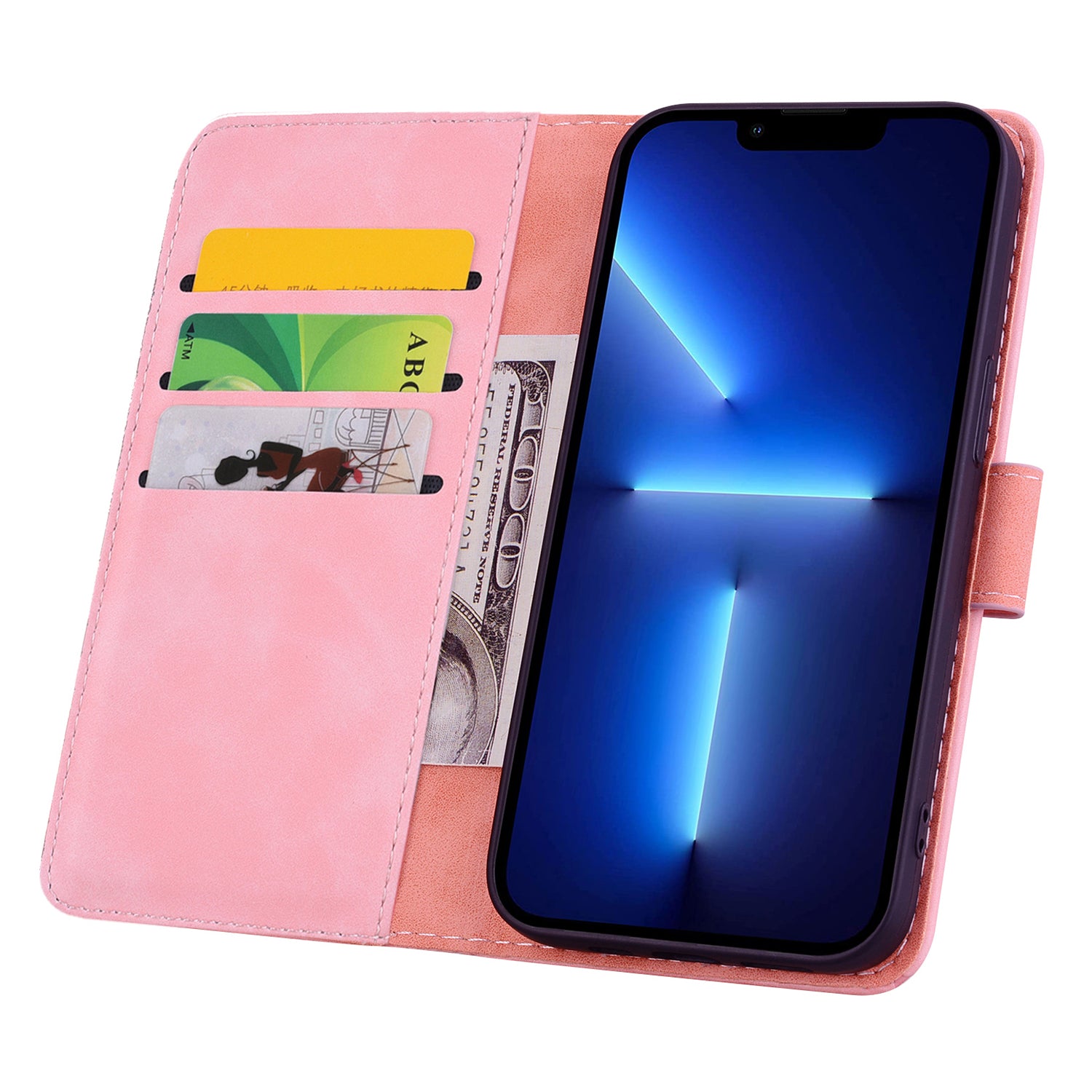 Wallet PU Leather Case For iPhone 15 , Imprinted Cell Phone Cover Calf Texture Stand Shell - Pink