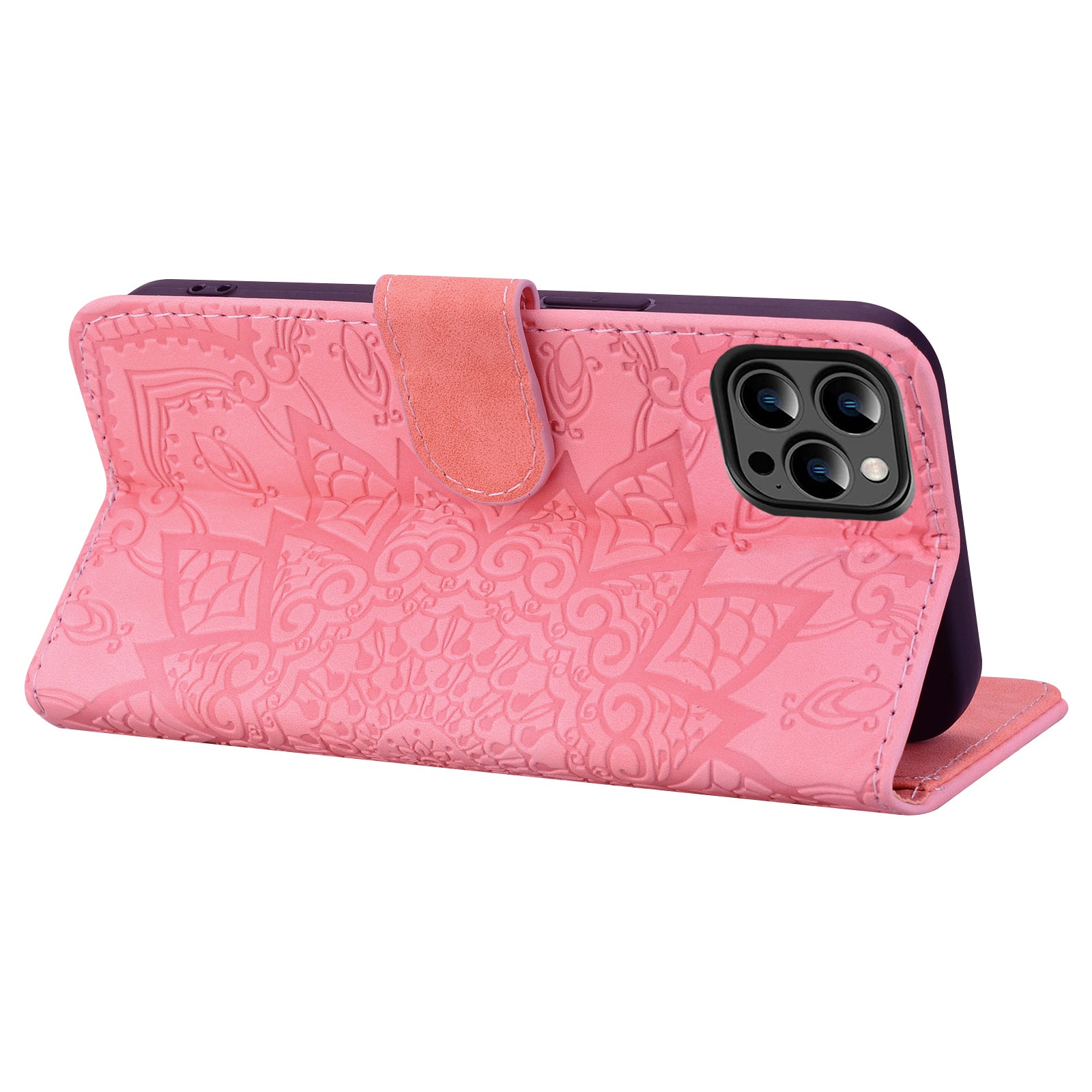 Wallet PU Leather Case For iPhone 15 , Imprinted Cell Phone Cover Calf Texture Stand Shell - Pink