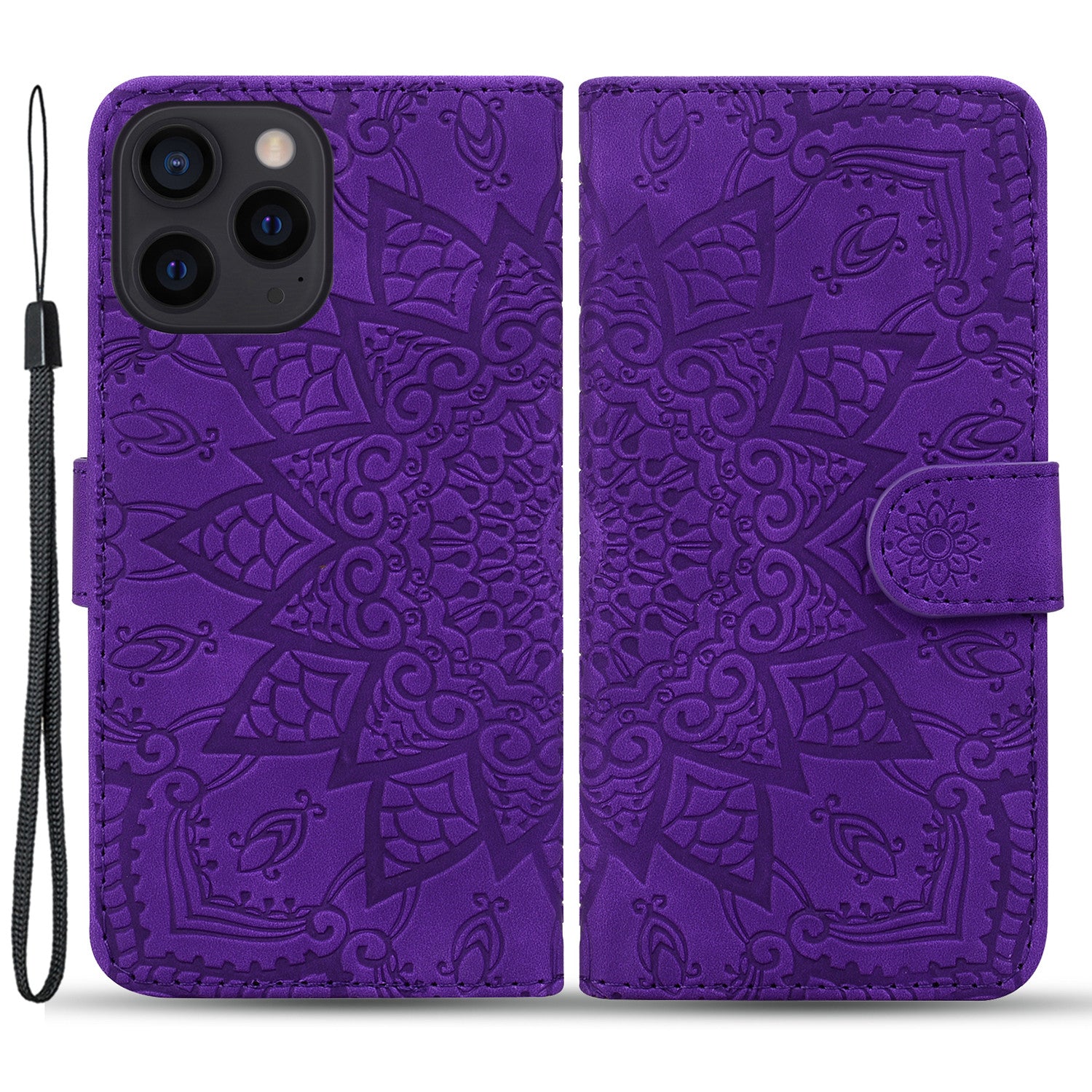 Wallet PU Leather Case For iPhone 15 , Imprinted Cell Phone Cover Calf Texture Stand Shell - Purple