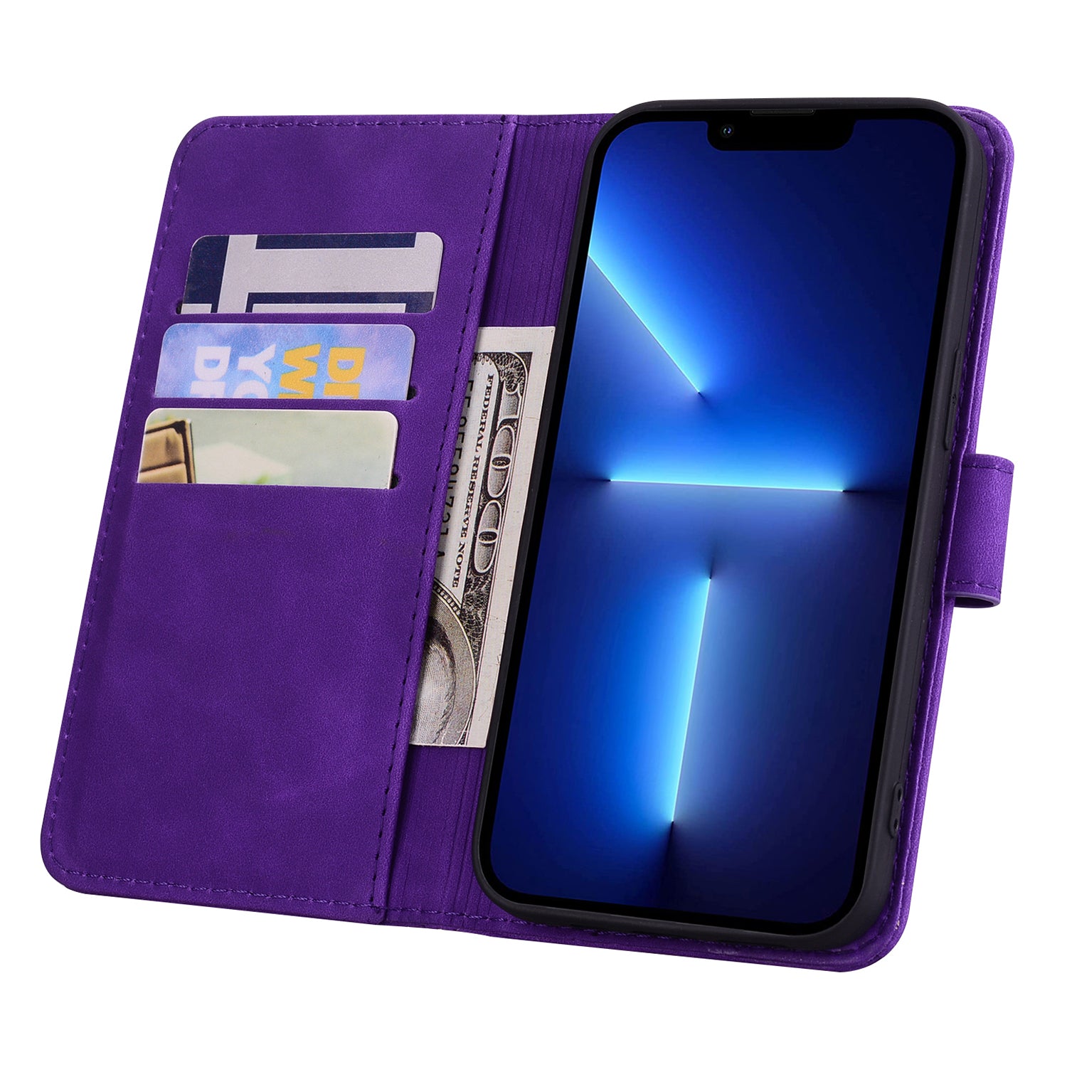 Wallet PU Leather Case For iPhone 15 , Imprinted Cell Phone Cover Calf Texture Stand Shell - Purple