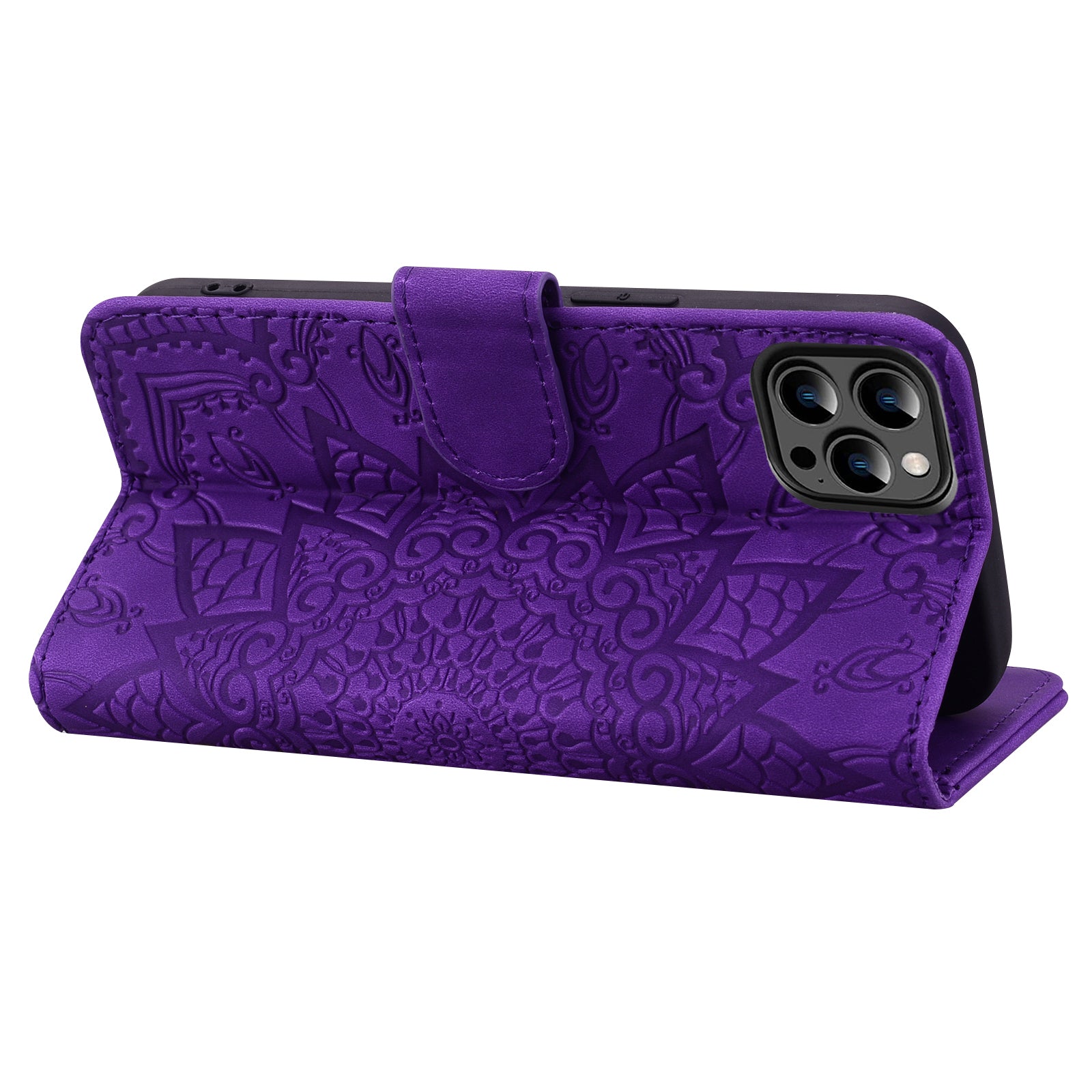 Wallet PU Leather Case For iPhone 15 , Imprinted Cell Phone Cover Calf Texture Stand Shell - Purple