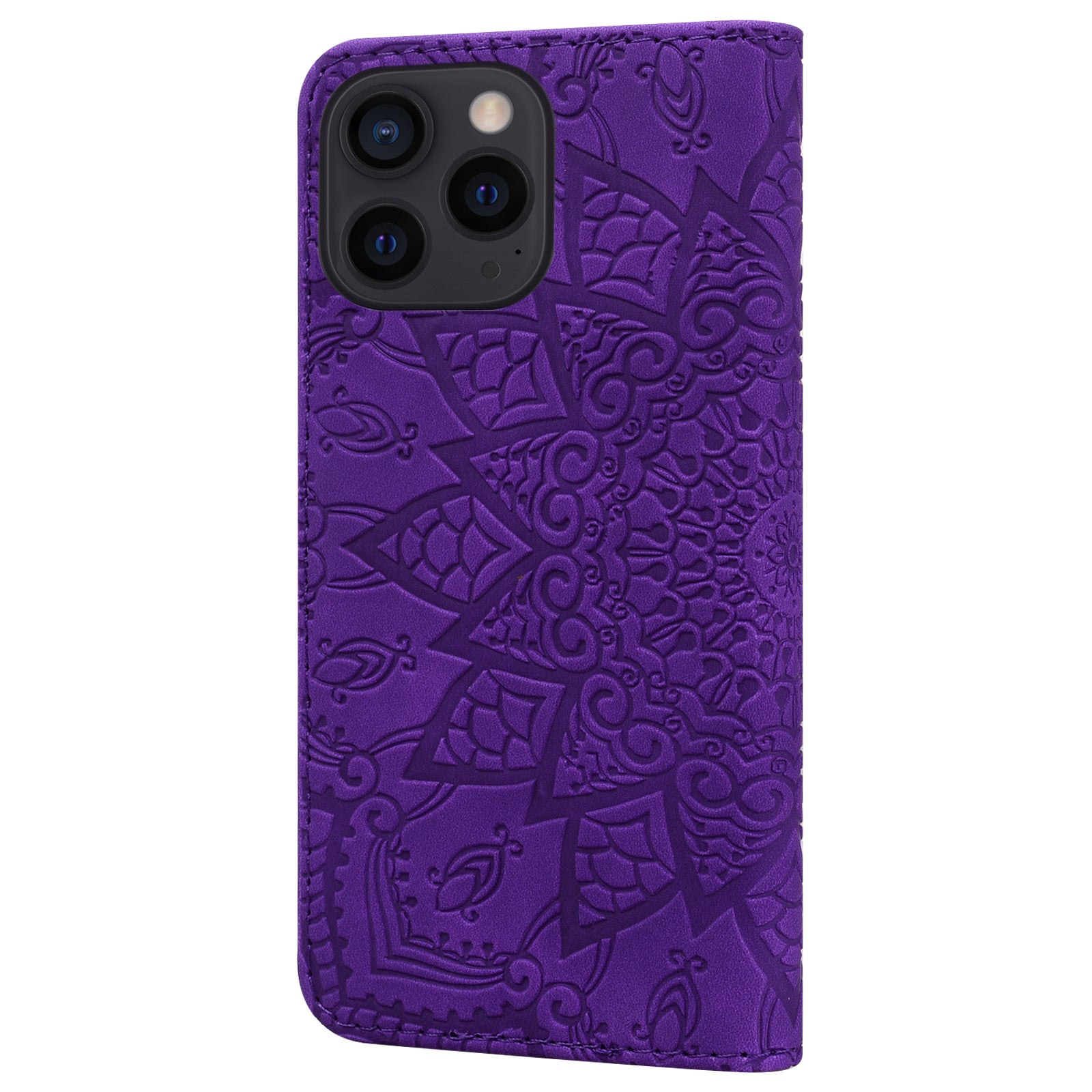 Wallet PU Leather Case For iPhone 15 , Imprinted Cell Phone Cover Calf Texture Stand Shell - Purple