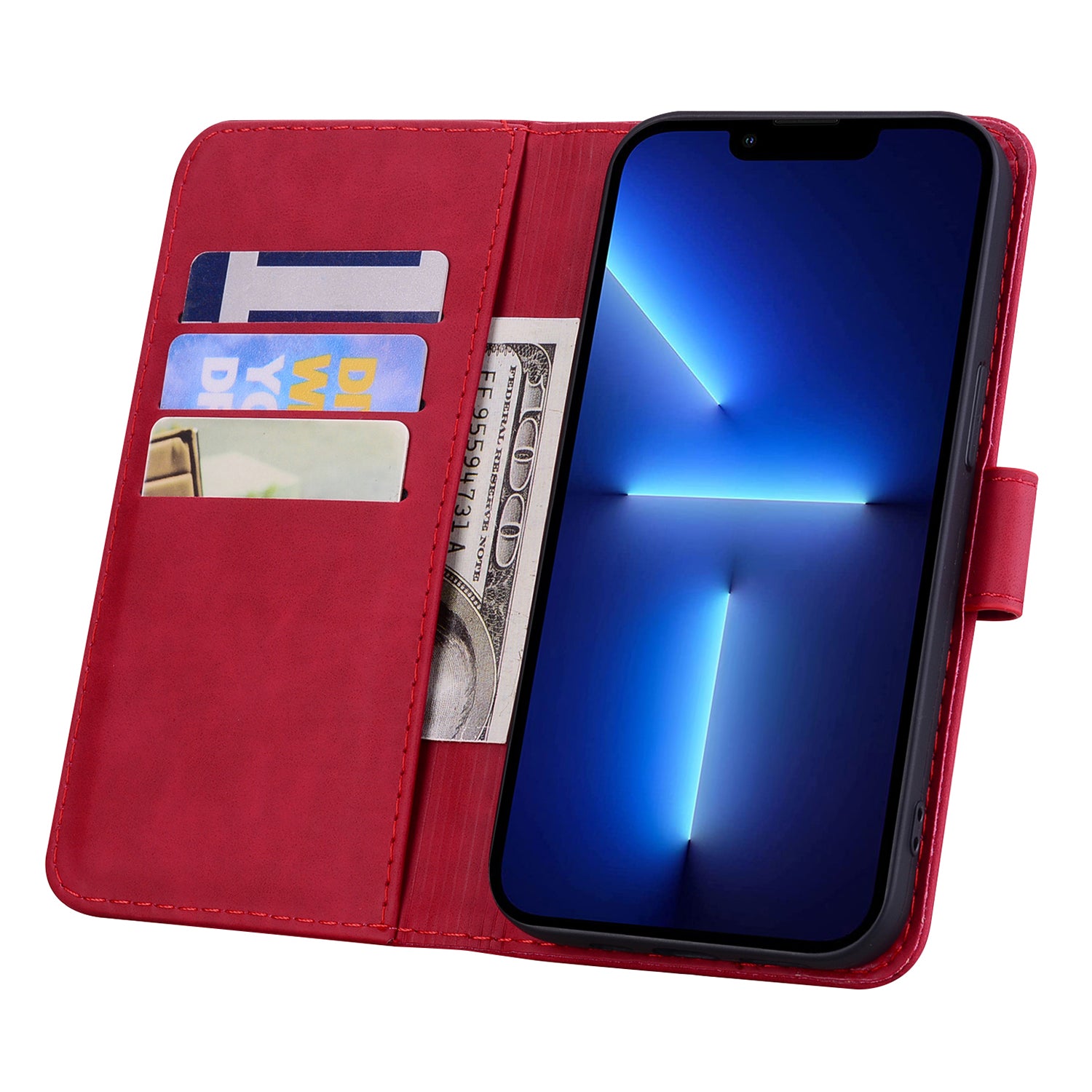 Wallet PU Leather Case For iPhone 15 , Imprinted Cell Phone Cover Calf Texture Stand Shell - Red