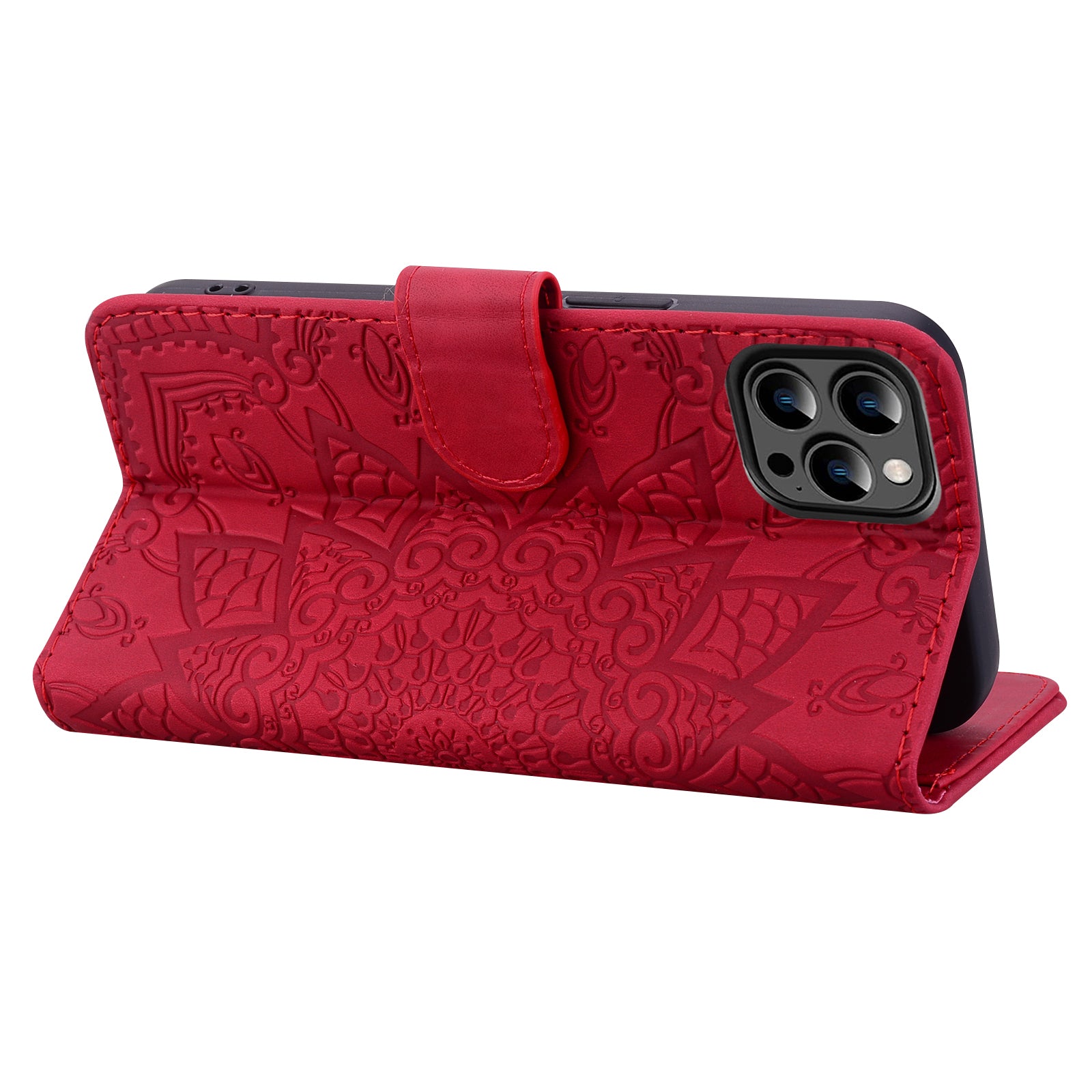 Wallet PU Leather Case For iPhone 15 , Imprinted Cell Phone Cover Calf Texture Stand Shell - Red