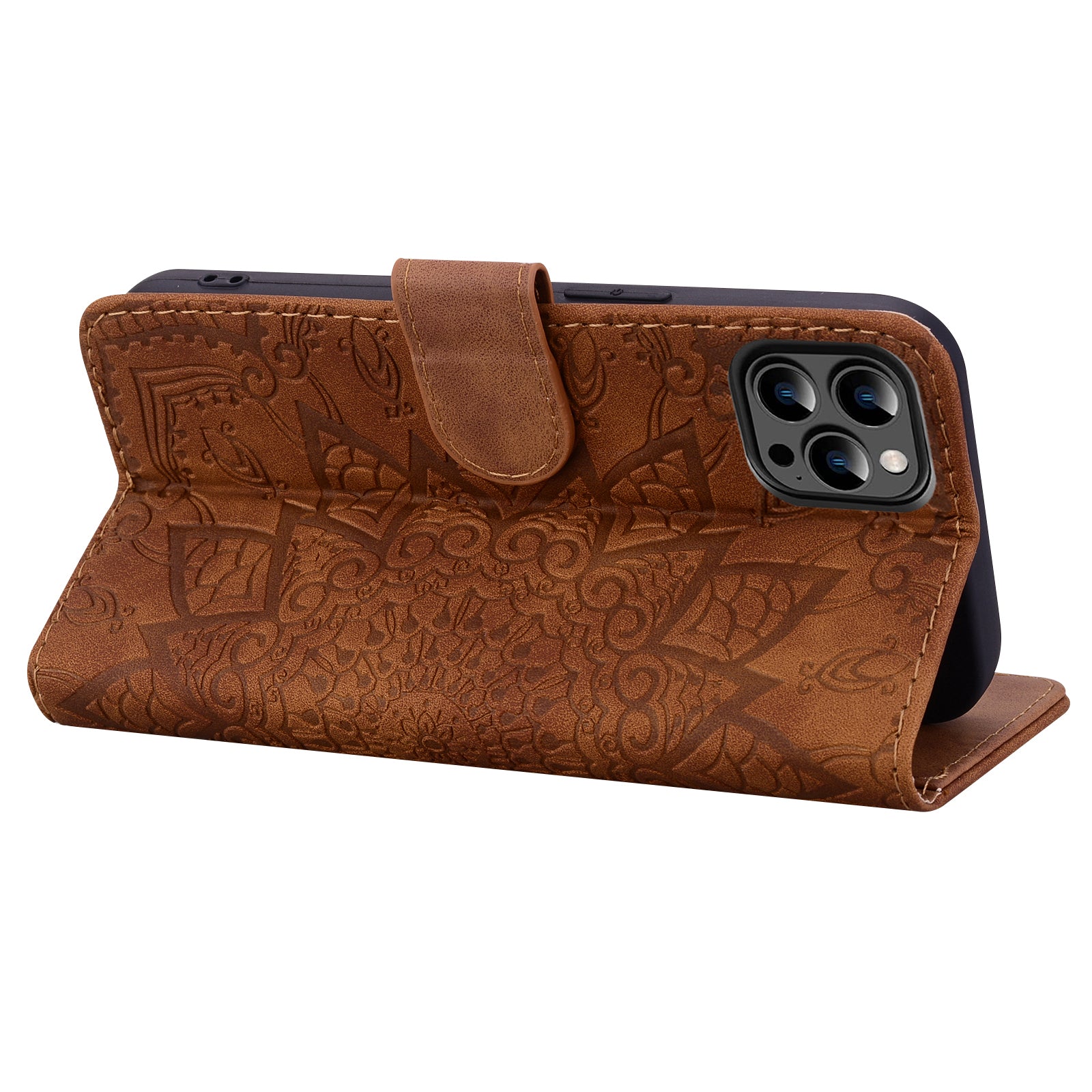 Wallet PU Leather Case For iPhone 15 , Imprinted Cell Phone Cover Calf Texture Stand Shell - Brown