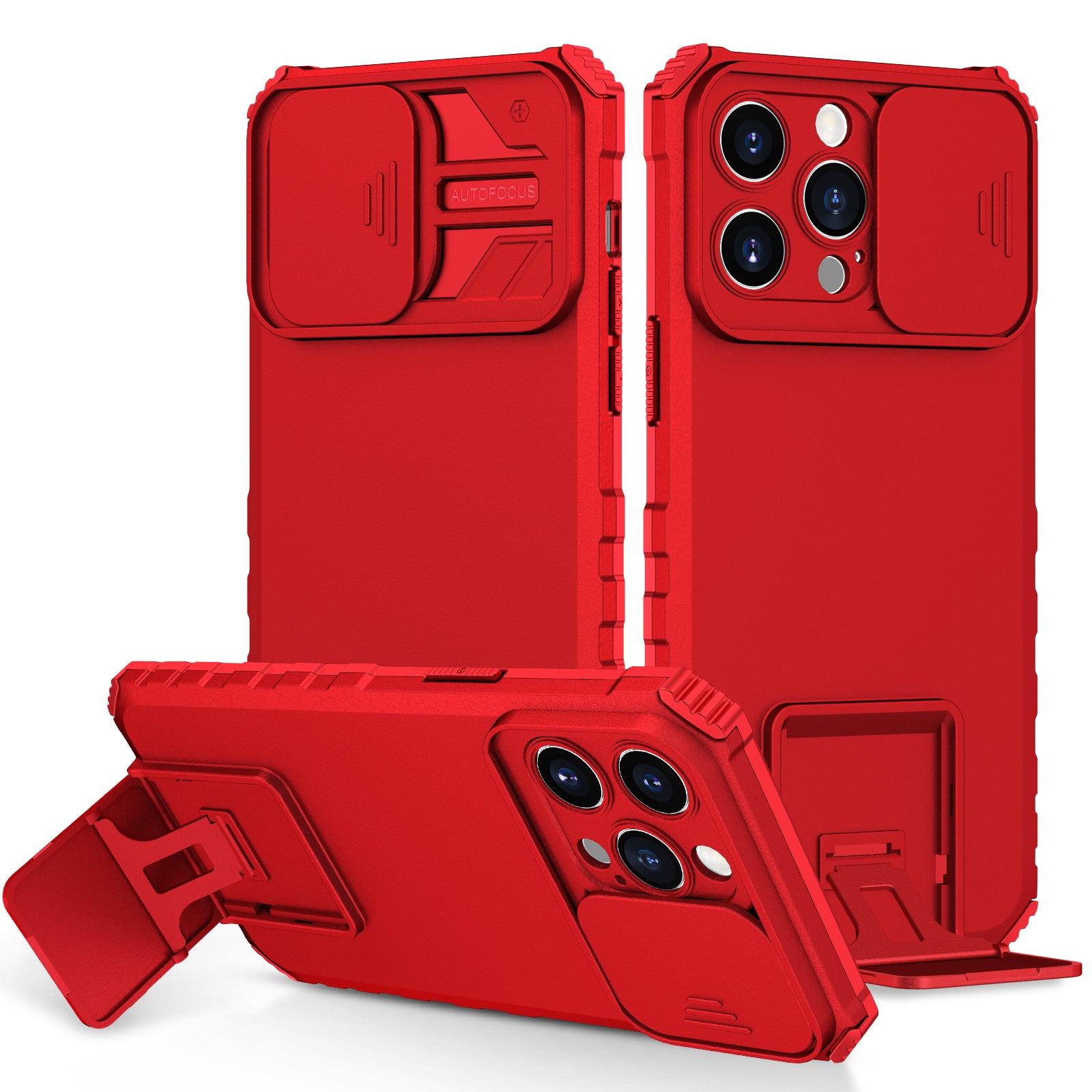 Uniqkart for iPhone 15 Pro Max Slide Camera Lid PC+TPU Phone Case Anti-drop Kickstand Back Cover - Red