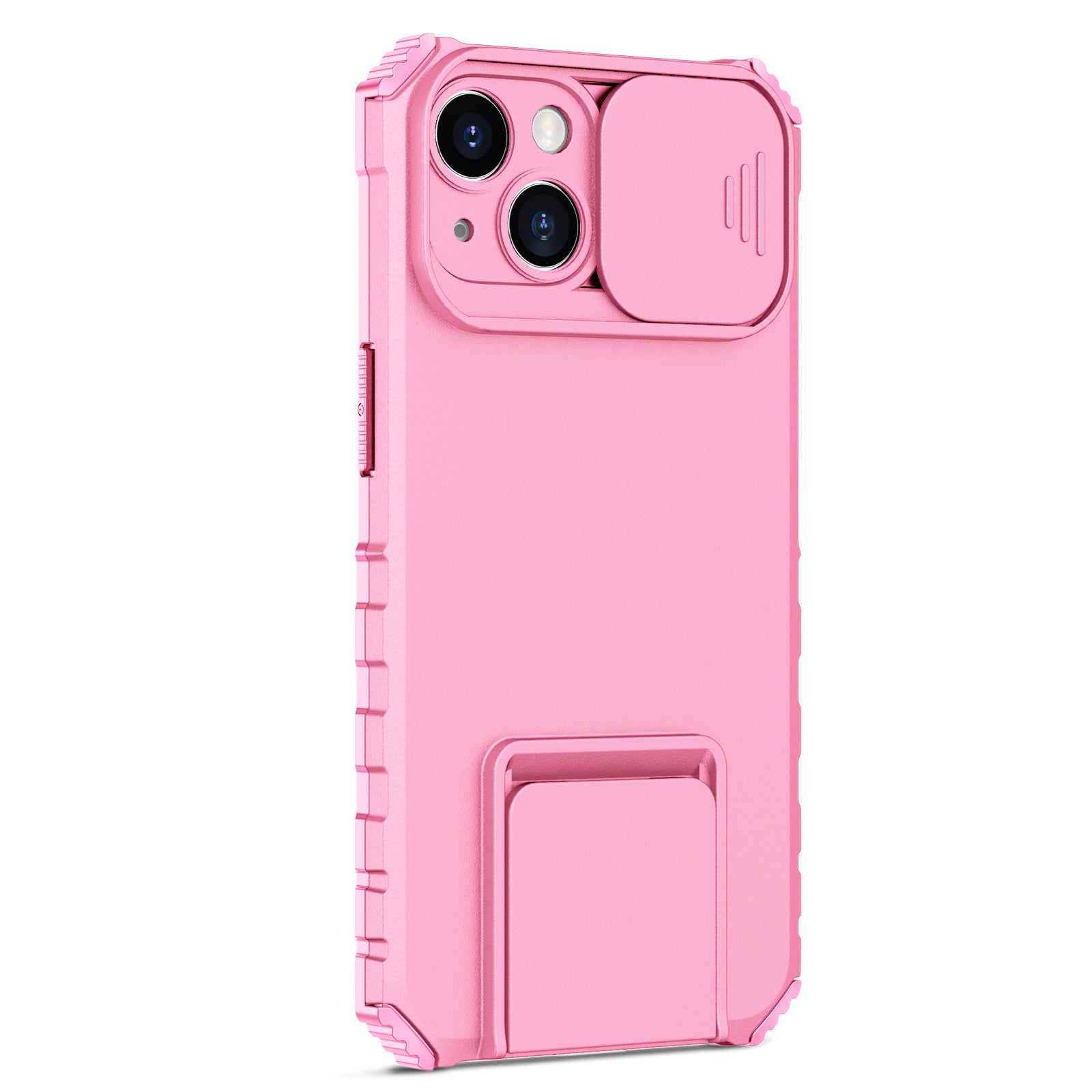 Uniqkart for iPhone 15 Slide Camera Cover Phone Case PC+TPU Shockproof Case Shell with Kickstand - Pink