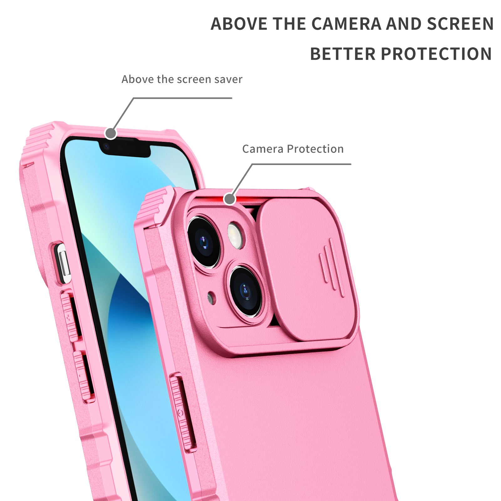 Uniqkart for iPhone 15 Slide Camera Cover Phone Case PC+TPU Shockproof Case Shell with Kickstand - Pink