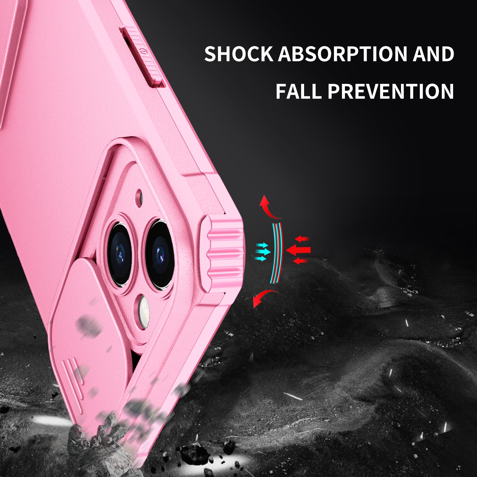 Uniqkart for iPhone 15 Slide Camera Cover Phone Case PC+TPU Shockproof Case Shell with Kickstand - Pink