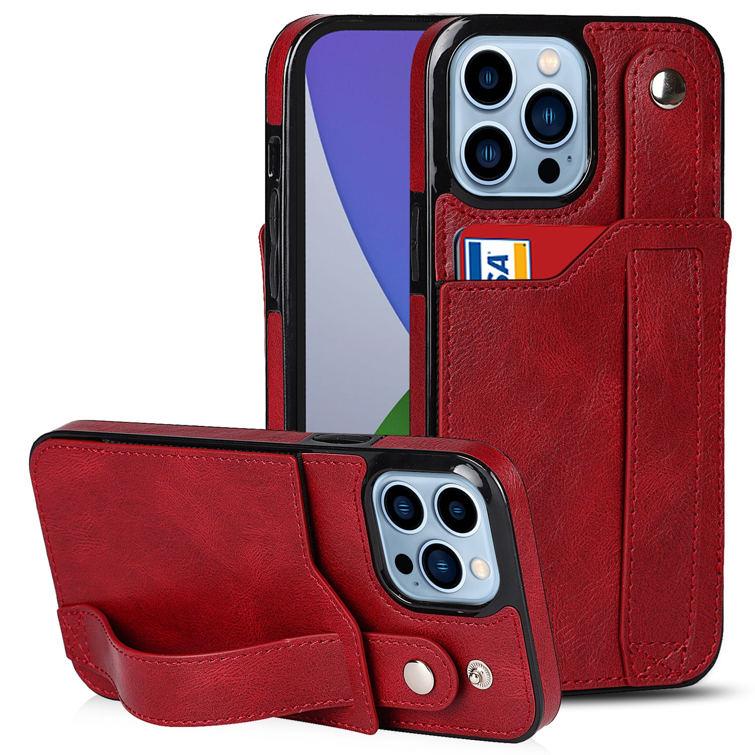 Card Slot Phone Case for iPhone 15 Pro Max , Retro PU Leather+TPU Wristband Kickstand RFID Blocking Cover - Red