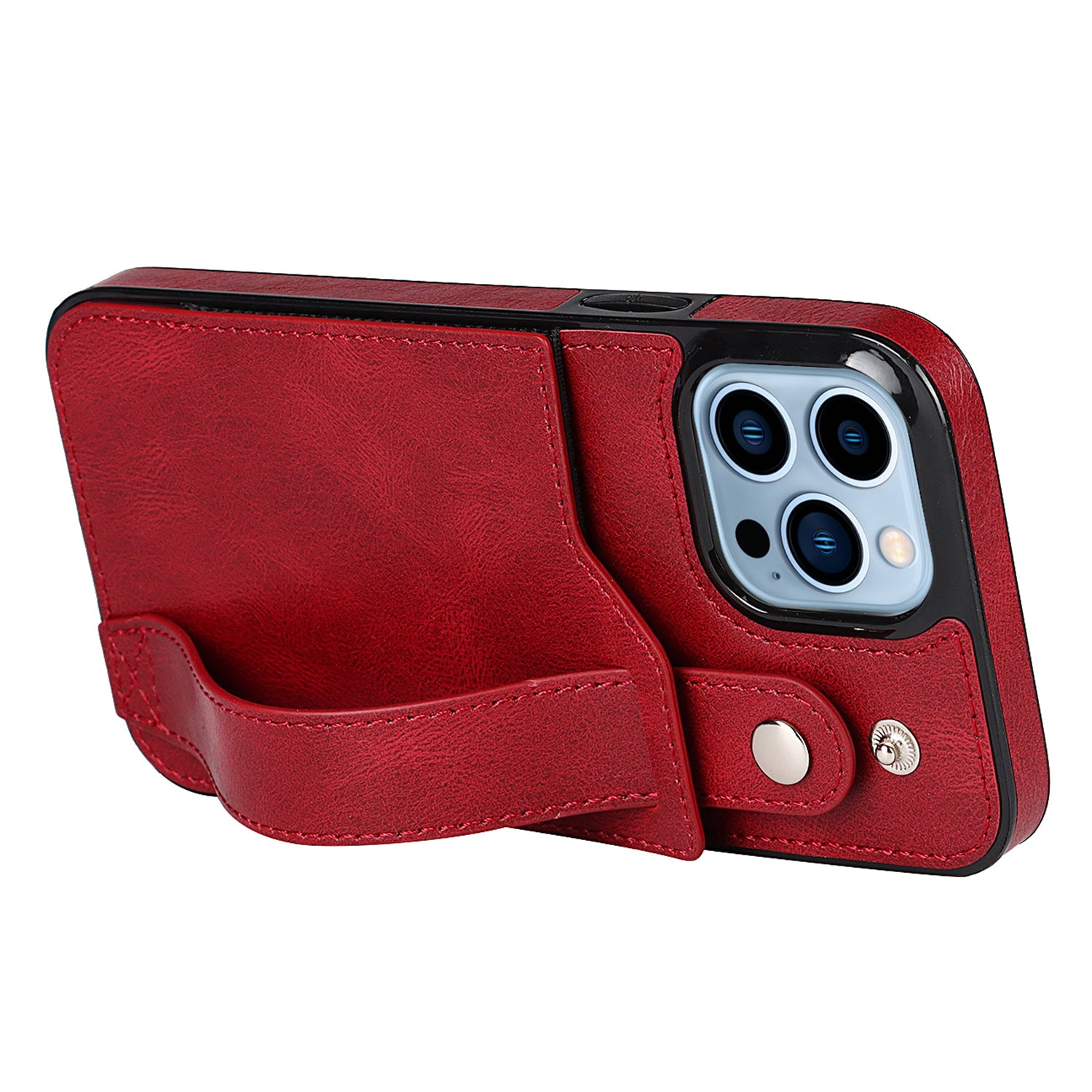 Card Slot Phone Case for iPhone 15 Pro Max , Retro PU Leather+TPU Wristband Kickstand RFID Blocking Cover - Red