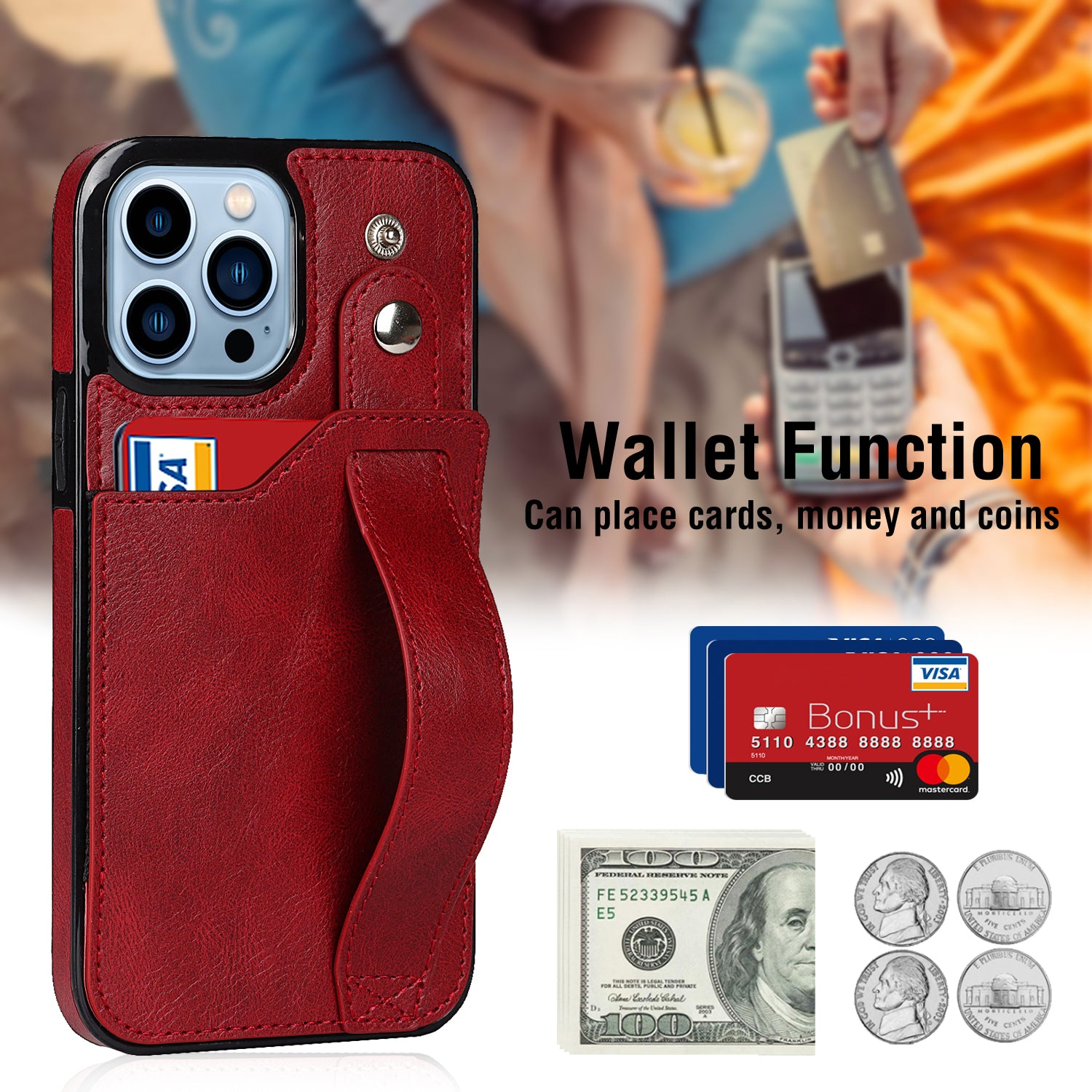 Card Slot Phone Case for iPhone 15 Pro Max , Retro PU Leather+TPU Wristband Kickstand RFID Blocking Cover - Red