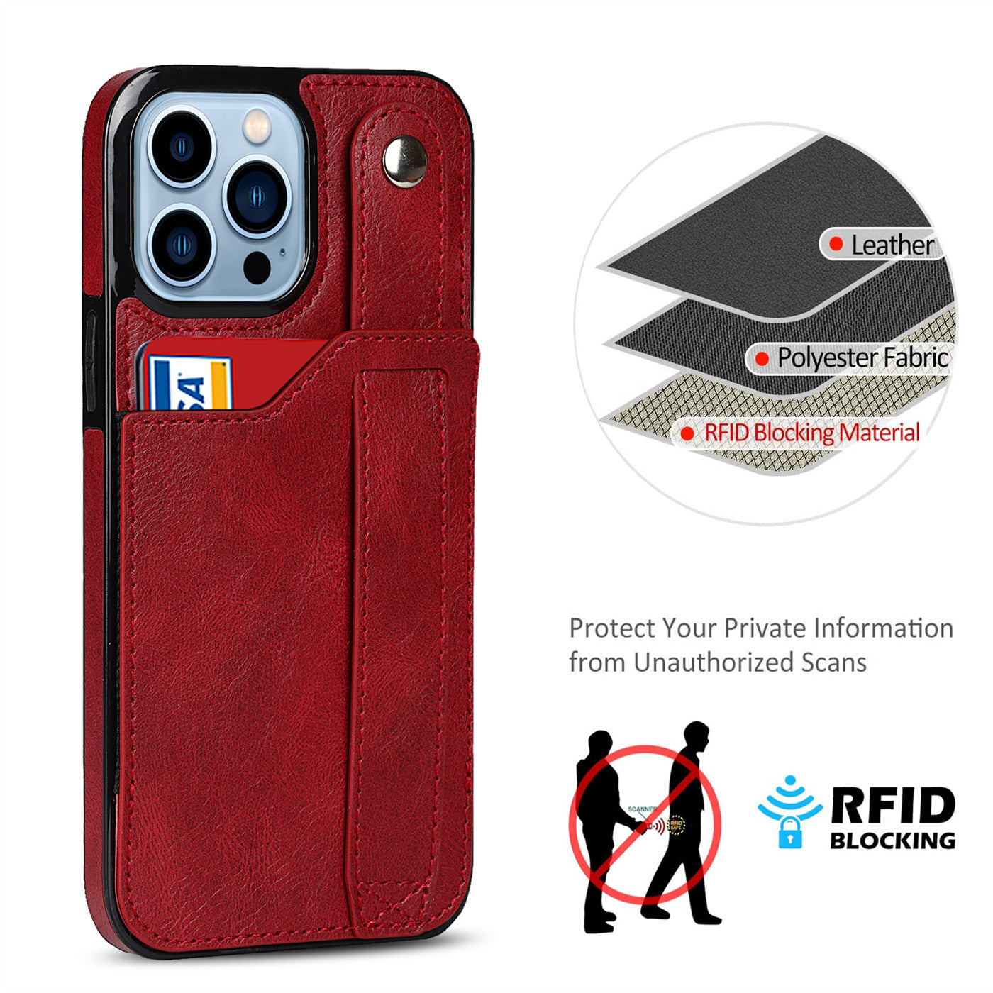 Card Slot Phone Case for iPhone 15 Pro Max , Retro PU Leather+TPU Wristband Kickstand RFID Blocking Cover - Red