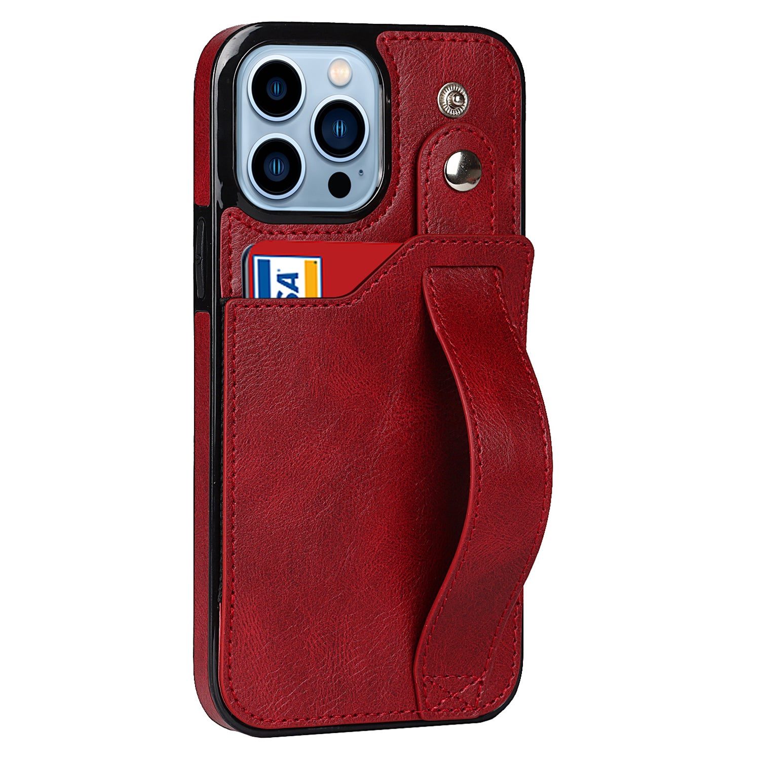 Card Slot Phone Case for iPhone 15 Pro Max , Retro PU Leather+TPU Wristband Kickstand RFID Blocking Cover - Red