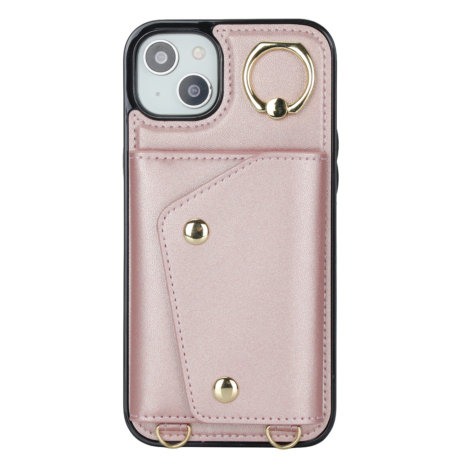 Uniqkart for iPhone 15 Plus PU Leather Coated TPU Cover Zipper Wallet Ring Kickstand Phone Case with 2 Straps - Rose Gold