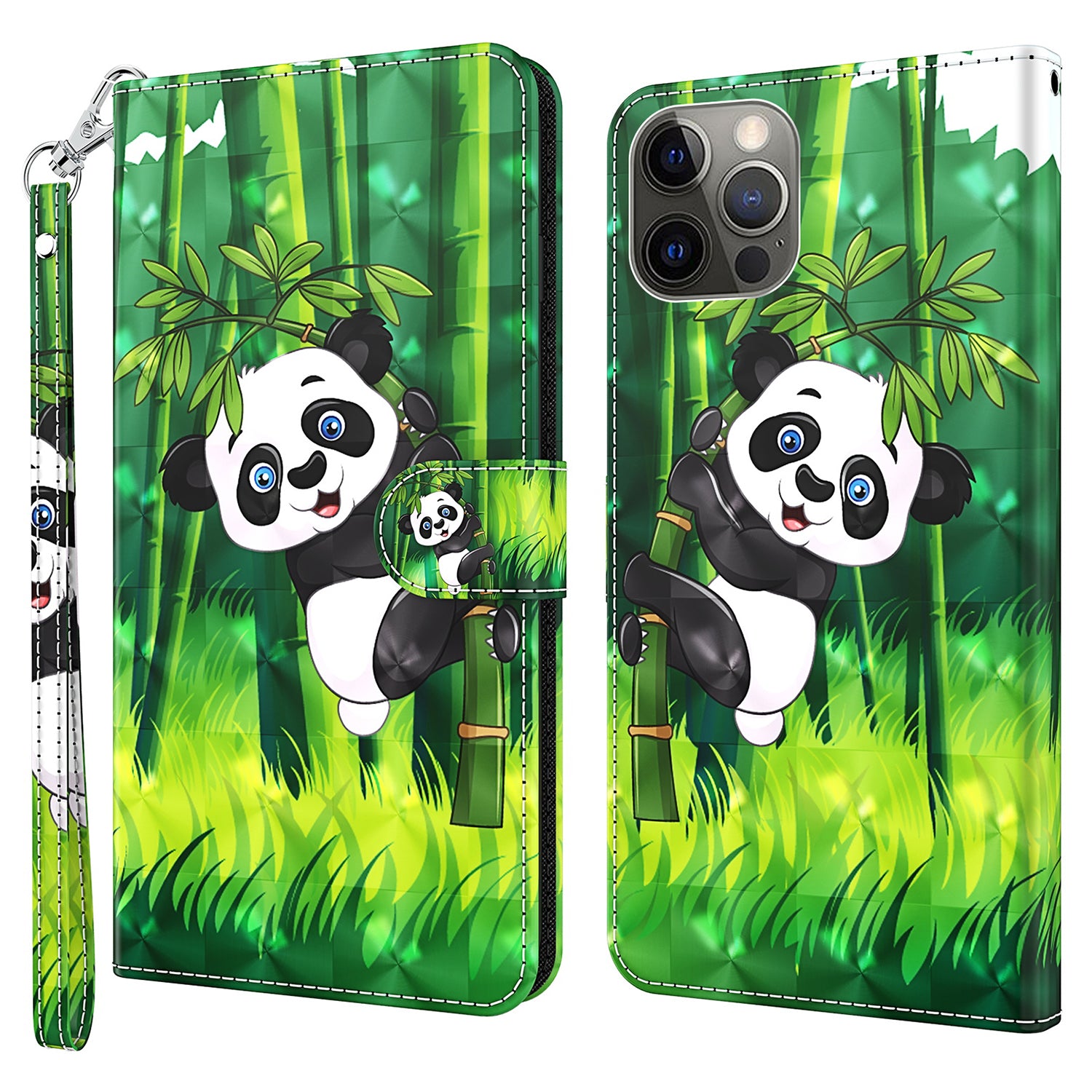 Wallet Case for iPhone 15 Pro , 3D Pattern Printing PU Leather Stand Phone Cover with Strap - Panda Climbing