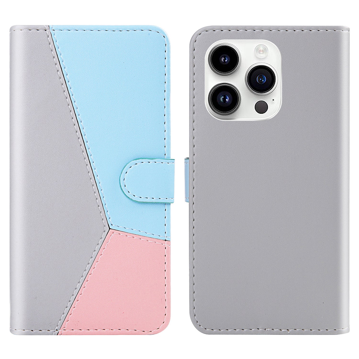 Wallet Phone Cover for iPhone 15 Pro Max , Three-color Splicing PU Leather Stand Case - Grey / Blue / Pink