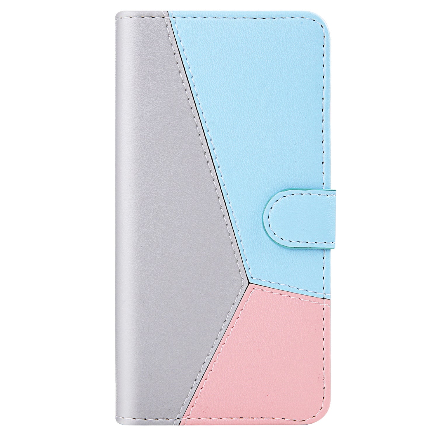 Wallet Phone Cover for iPhone 15 Pro Max , Three-color Splicing PU Leather Stand Case - Grey / Blue / Pink