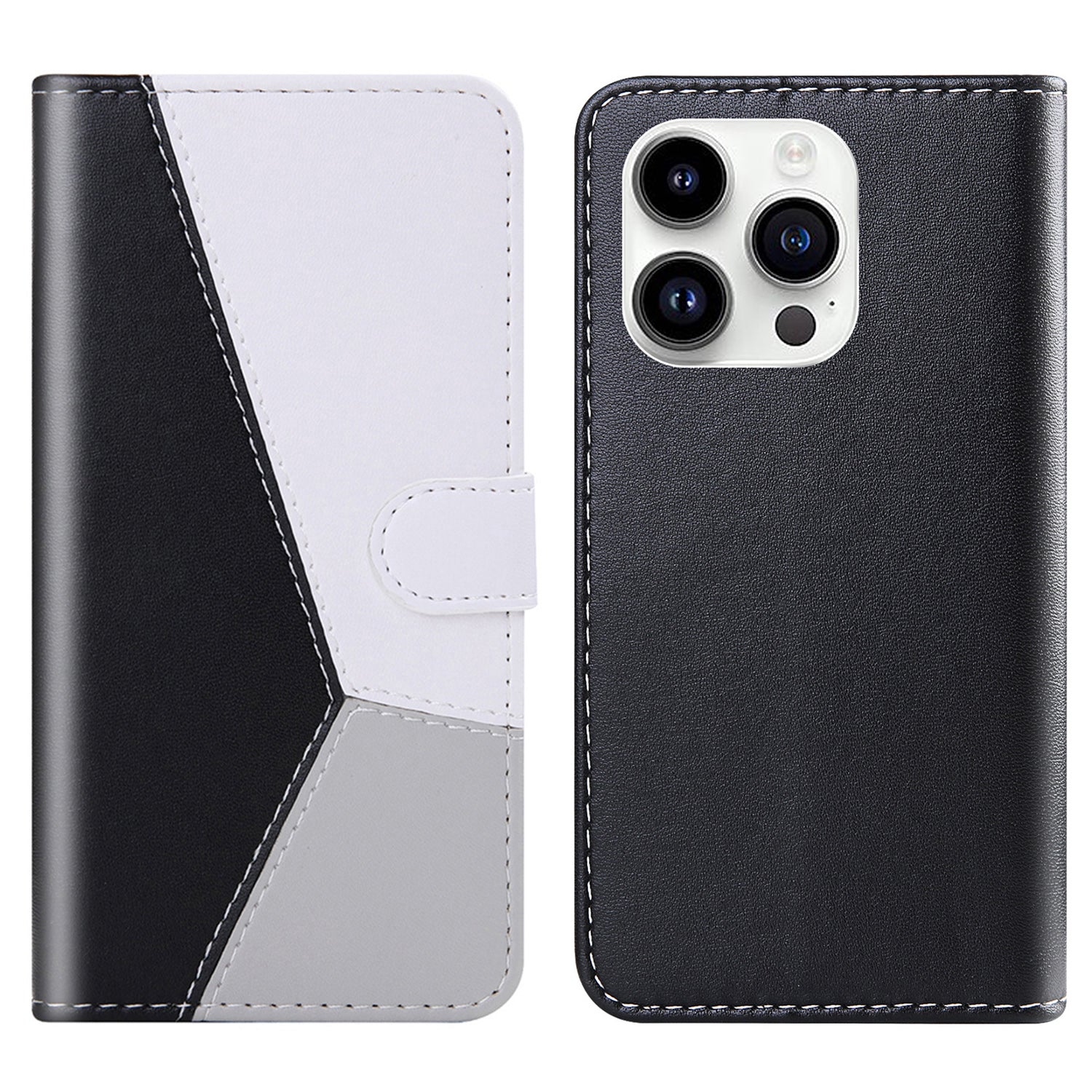 Wallet Phone Cover for iPhone 15 Pro Max , Three-color Splicing PU Leather Stand Case - Black / White / Grey