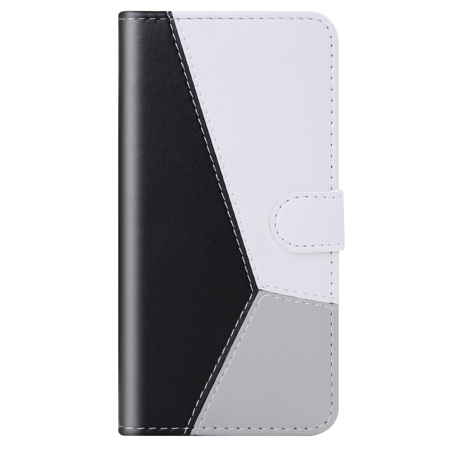 Wallet Phone Cover for iPhone 15 Pro Max , Three-color Splicing PU Leather Stand Case - Black / White / Grey