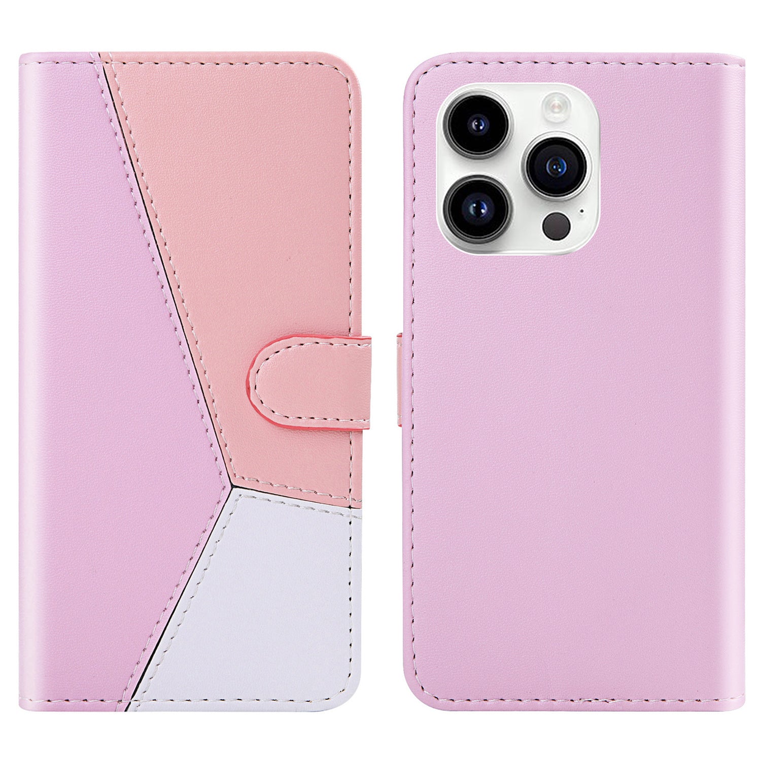 Wallet Phone Cover for iPhone 15 Pro Max , Three-color Splicing PU Leather Stand Case - Purple / Pink / White