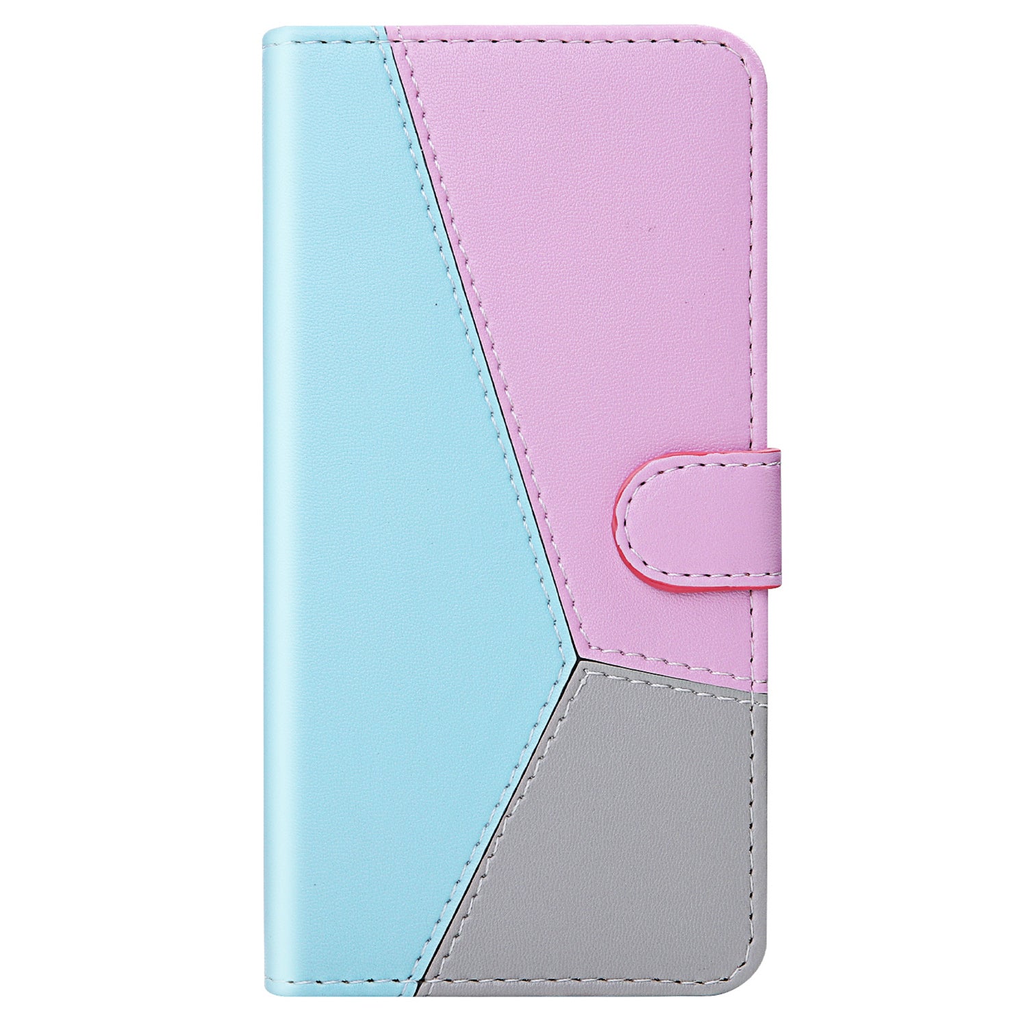 Wallet Phone Cover for iPhone 15 Pro Max , Three-color Splicing PU Leather Stand Case - Blue / Purple / Grey