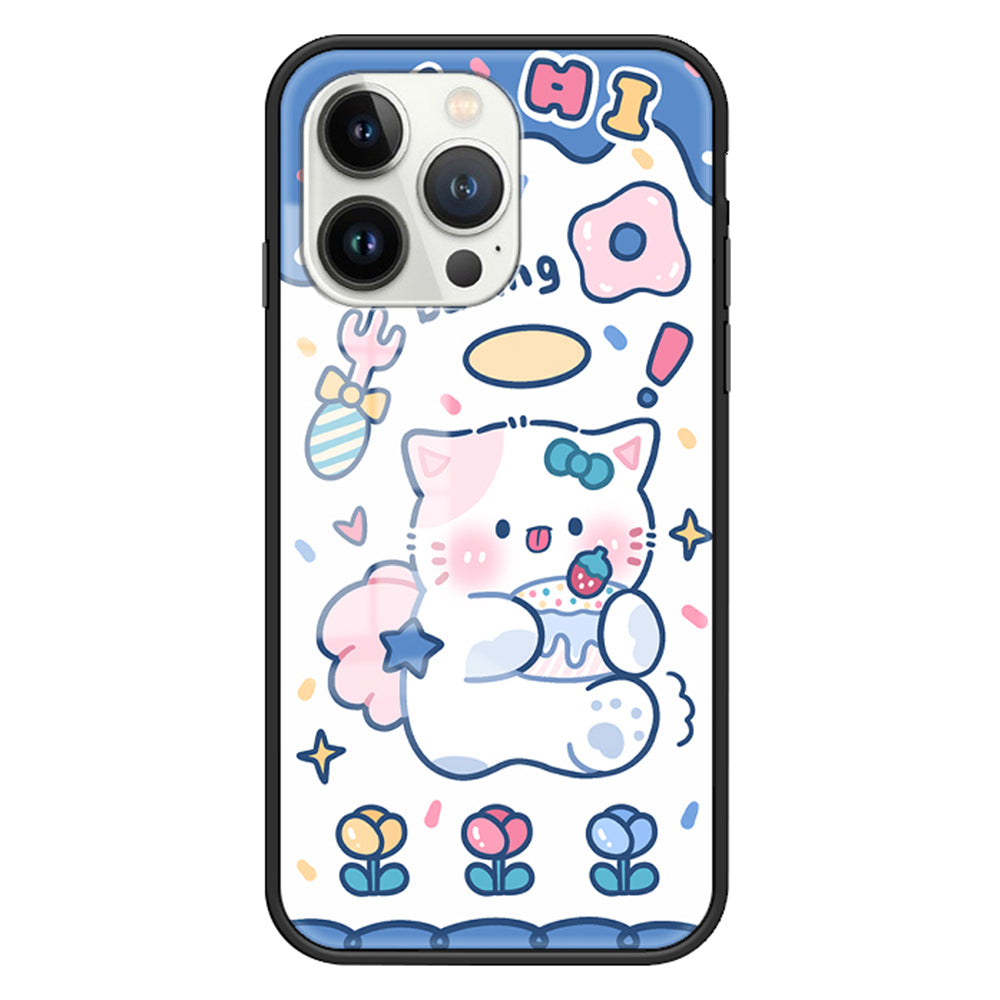 Uniqkart for iPhone 15 Pro Pattern Printing Phone Cover Tempered Glass+PC+TPU Protective Shell - Angel Cat