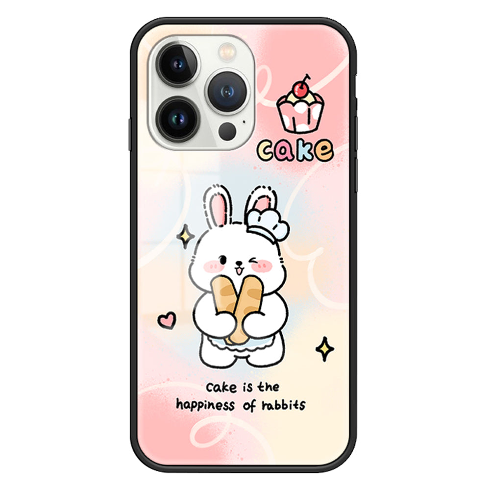 Uniqkart for iPhone 15 Pro Pattern Printing Phone Cover Tempered Glass+PC+TPU Protective Shell - Happy Rabbit