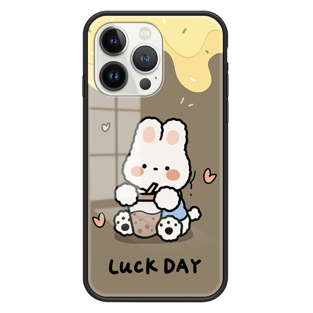 Uniqkart for iPhone 15 Pro Pattern Printing Phone Cover Tempered Glass+PC+TPU Protective Shell - Milk Tea Rabbit