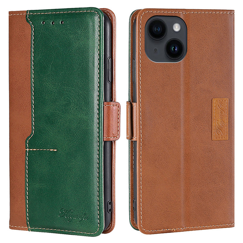 Wallet Case for iPhone 15 , Vintage Leather Contrast Color Stand Phone Cover - Light Brown+Green