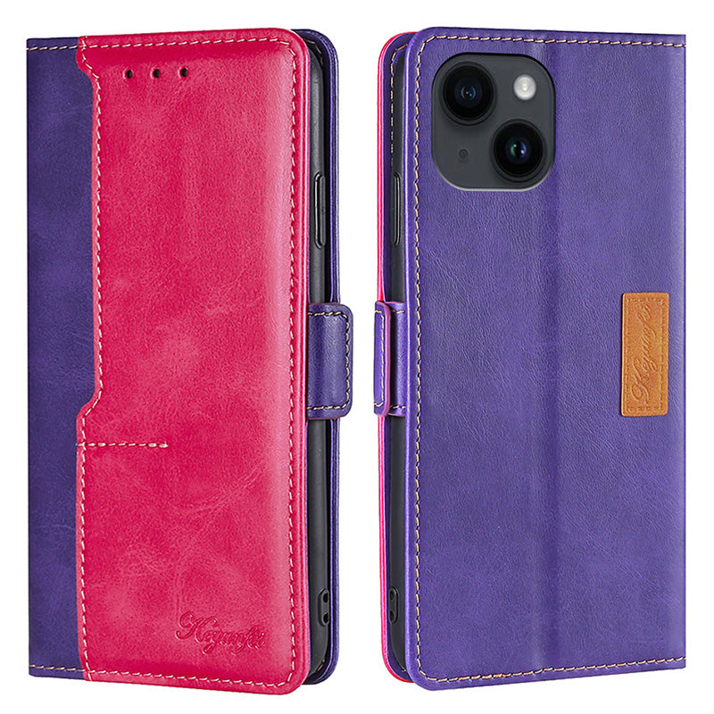 Wallet Case for iPhone 15 , Vintage Leather Contrast Color Stand Phone Cover - Rose+Purple