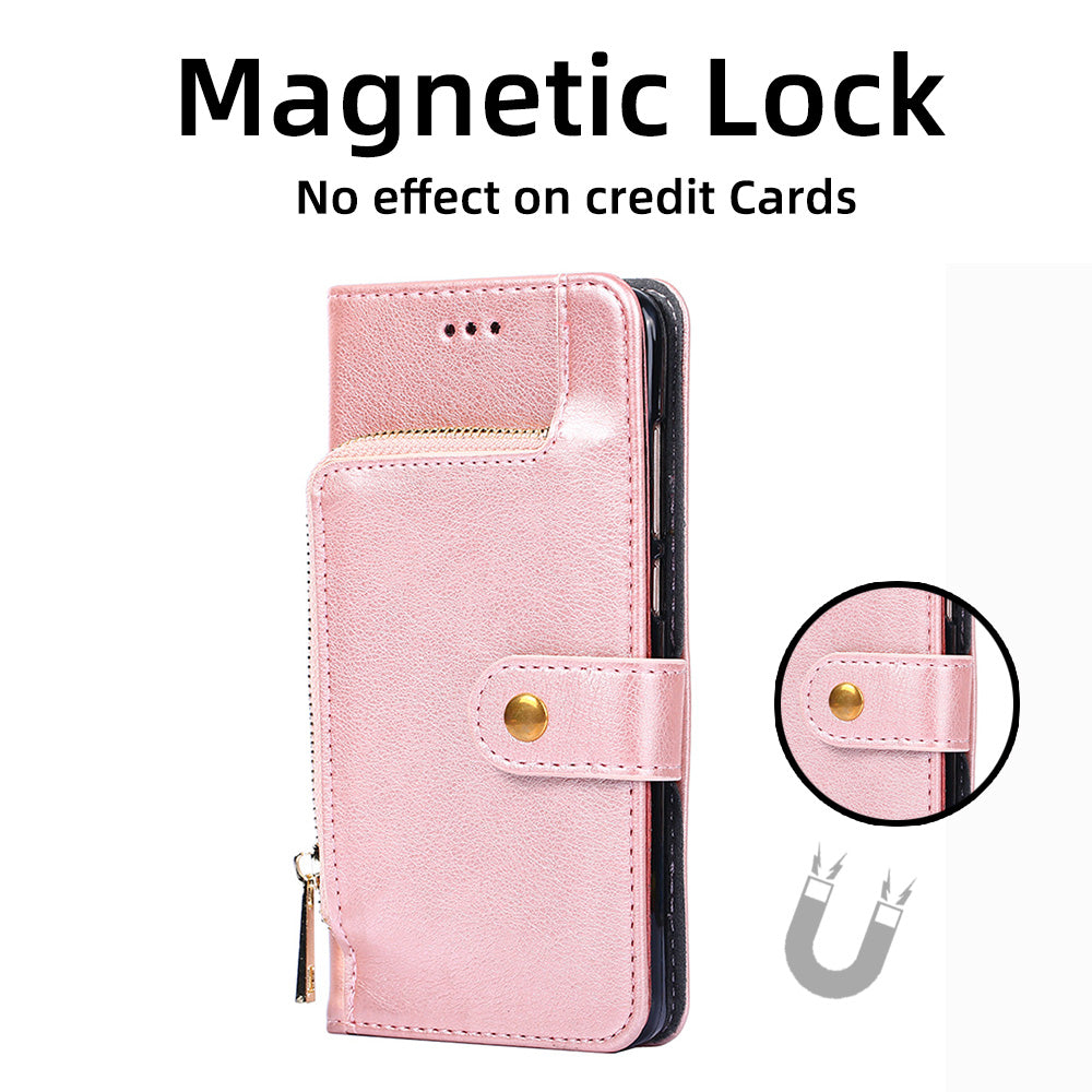 Wallet Leather Phone Case for iPhone 15 Plus , Stand Zipper Pocket Cell Phone Cover with Strap - Rose Gold