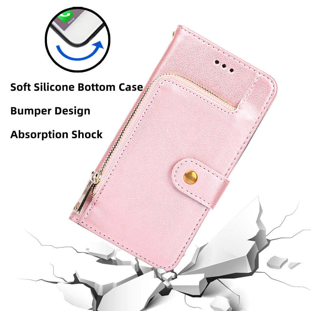 Wallet Leather Phone Case for iPhone 15 Plus , Stand Zipper Pocket Cell Phone Cover with Strap - Rose Gold